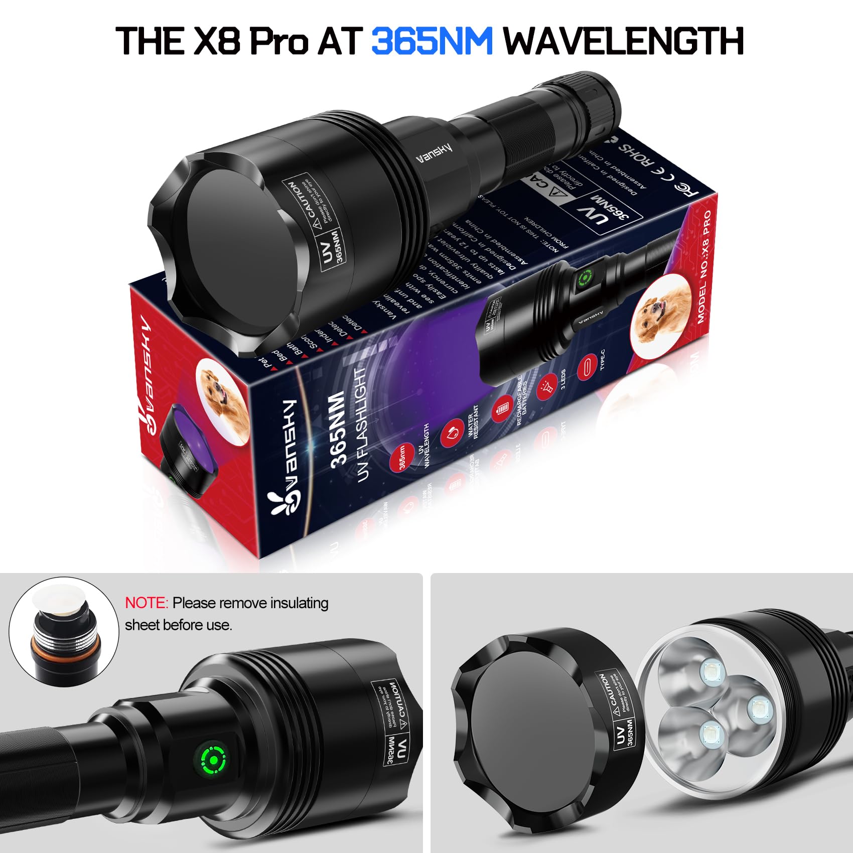 Vansky 365Nm Black Light Flashlight: Professional Blacklight Rechargeable Uv Flashlights With 3 Leds - Rock Hunting - Scorpion Hunting & Pet Urine Detector