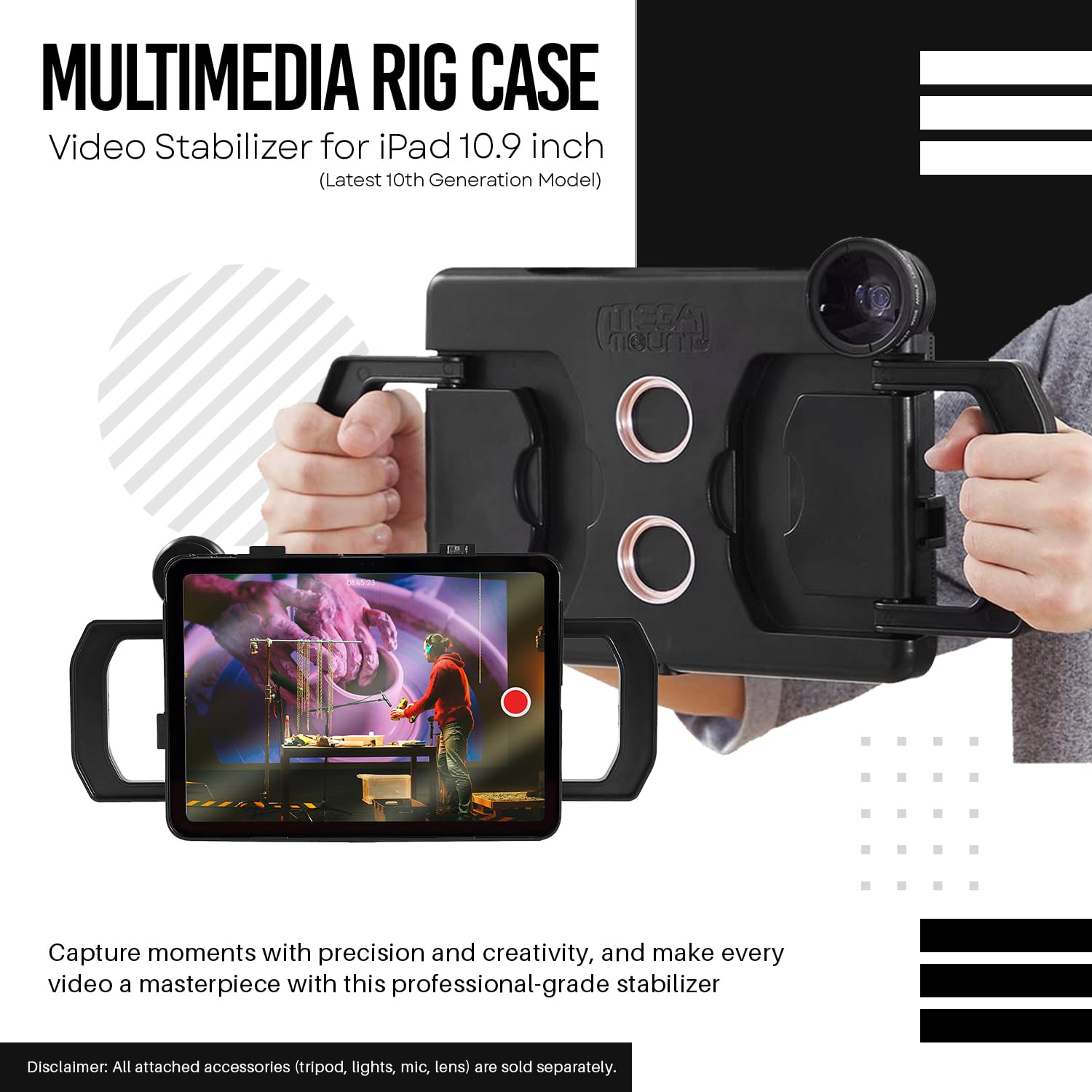 Vidpro Megamount Rig Case Video Stabilizer For Ipad 10.9 Inch (Latest 10Th Gen Model) Handheld Tablet Stabilizers W/Swing Handle, Cold Shoe Mounts, Tripod Mount For Videography, Vlogging, Film Making