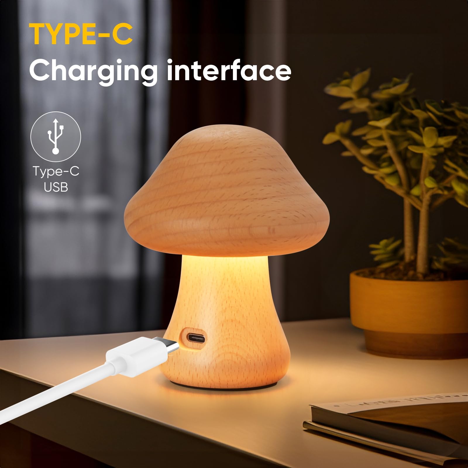 Lonrisway Creative Wood Mushroom Table Lamp, Led Desk Lamp, Bedroom Bedside Night Light, Dimmable Led Lighting, Creative Home Decor Table Lamp, Unique House Warm