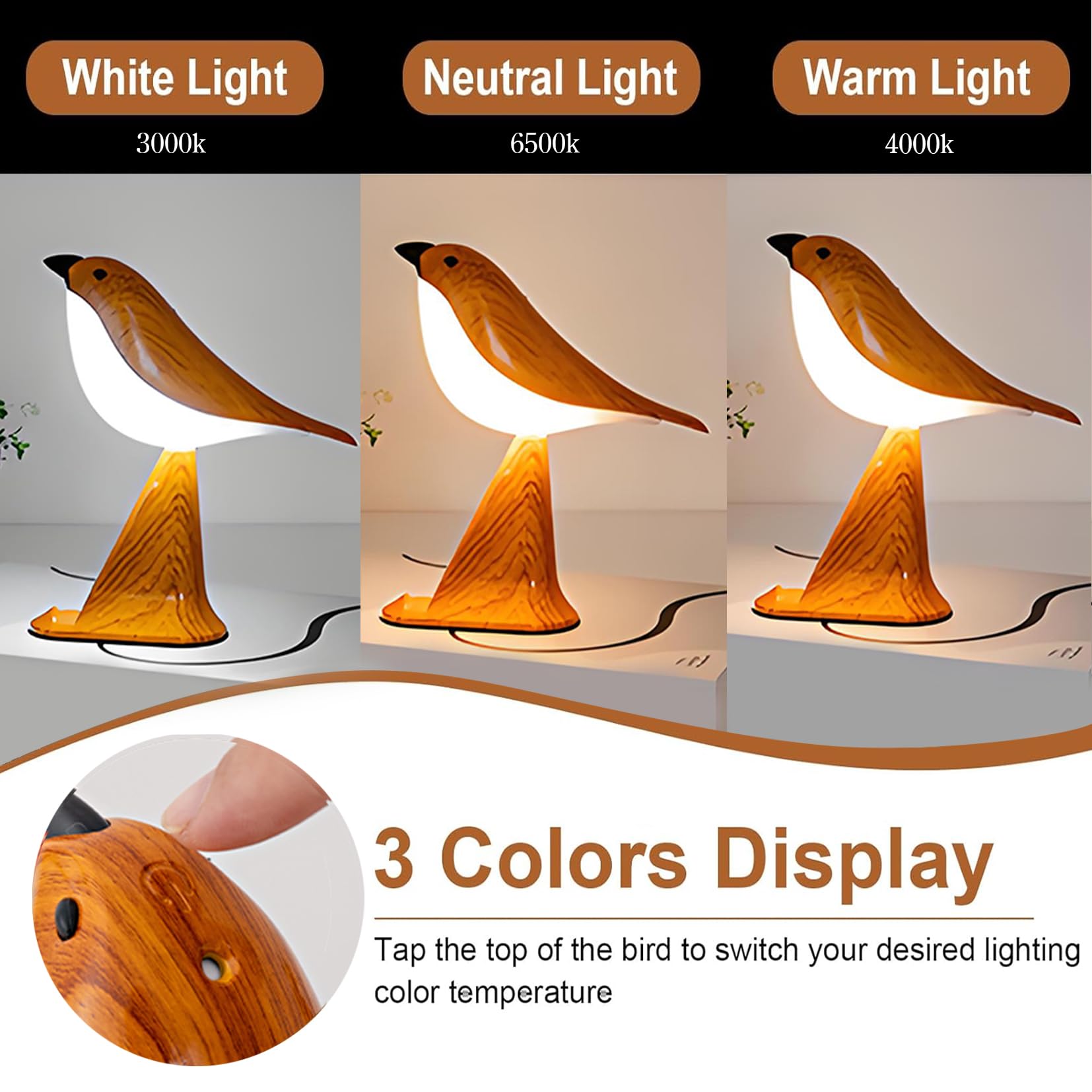 Liyaoli Bird Night Lamp For Bedroom,Cordless Small Desk Lamps With 3 Color Temperature,Portable Rechargeale Night Light With Remote Control,Led Dimmable Bedside Touch Lamp,Yellow Wood Grain