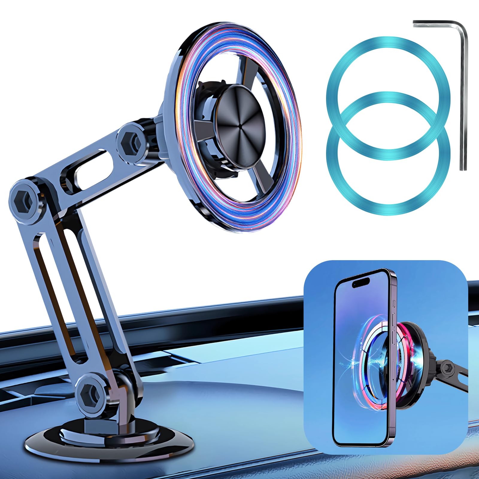 Jemey Universal 360° Pro - Magnetic Suction Car Phone Holder, Hands Automobile Mounts Cell Phone Holder With Metal Ring, Adjustable Cell Phone Mount For All Mobile Phones