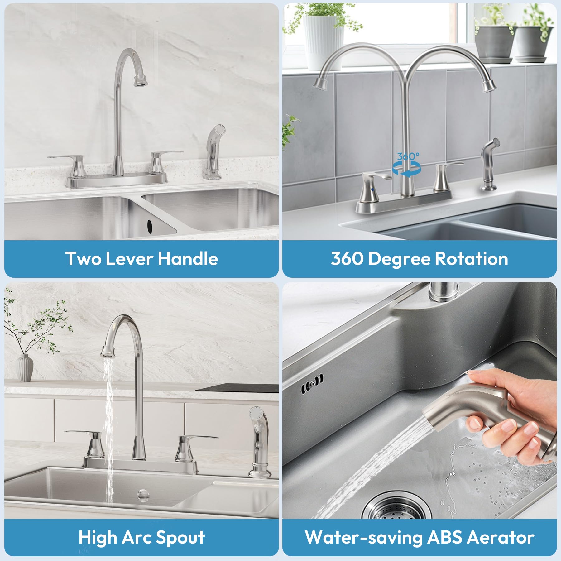 Besdor Kitchen Faucet With Side Sprayer, 2 Handle Sink Faucet, 3 Or 4 Hole Kitchen Faucets With Sprayer, 304 Stainless Steel, Brushed Nickel