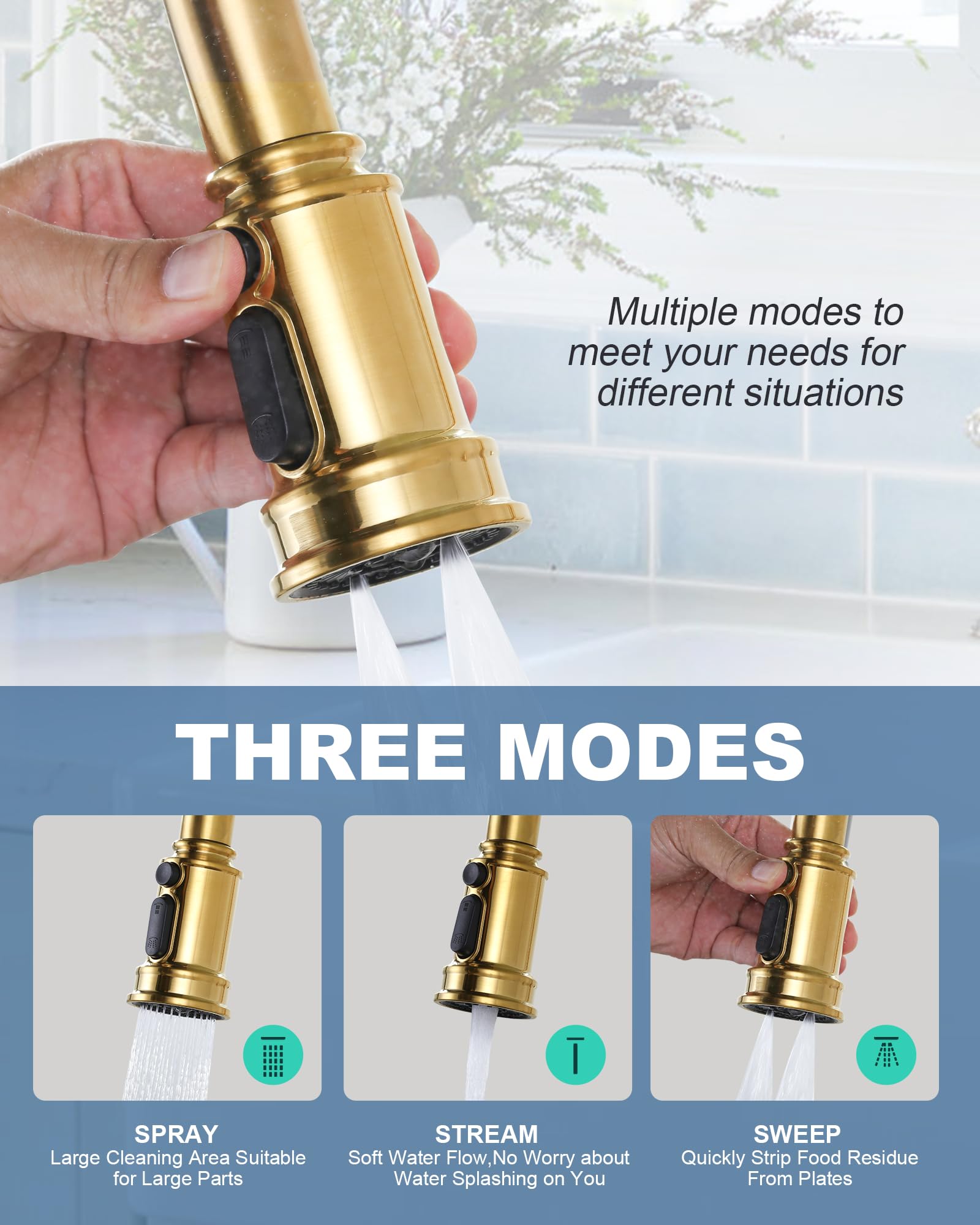 Arcora Bridge Kitchen Faucet Brushed Gold: Two Handles 8 Inch Centerset Brass - 3 Holes High Arc With Pull Down Sprayer For Farmhouse, 360 Swivel Spout