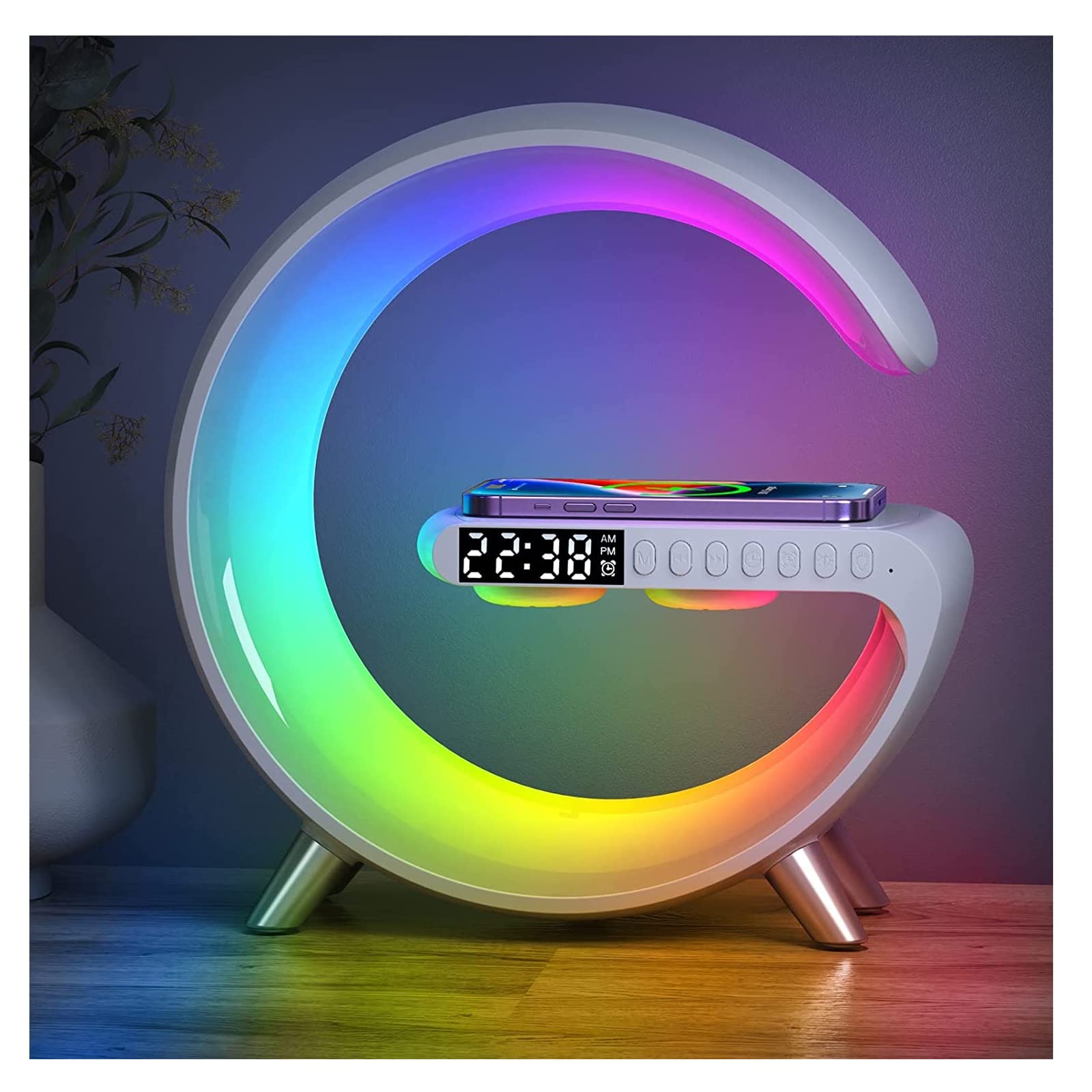 Leenabao Smart Led Table Lamp, 4-In-1 Wireless Charger, Night Light, Alarm Clock, And Bluetooth Speaker With App Control For Bedroom, Office, And Home Decor (White)