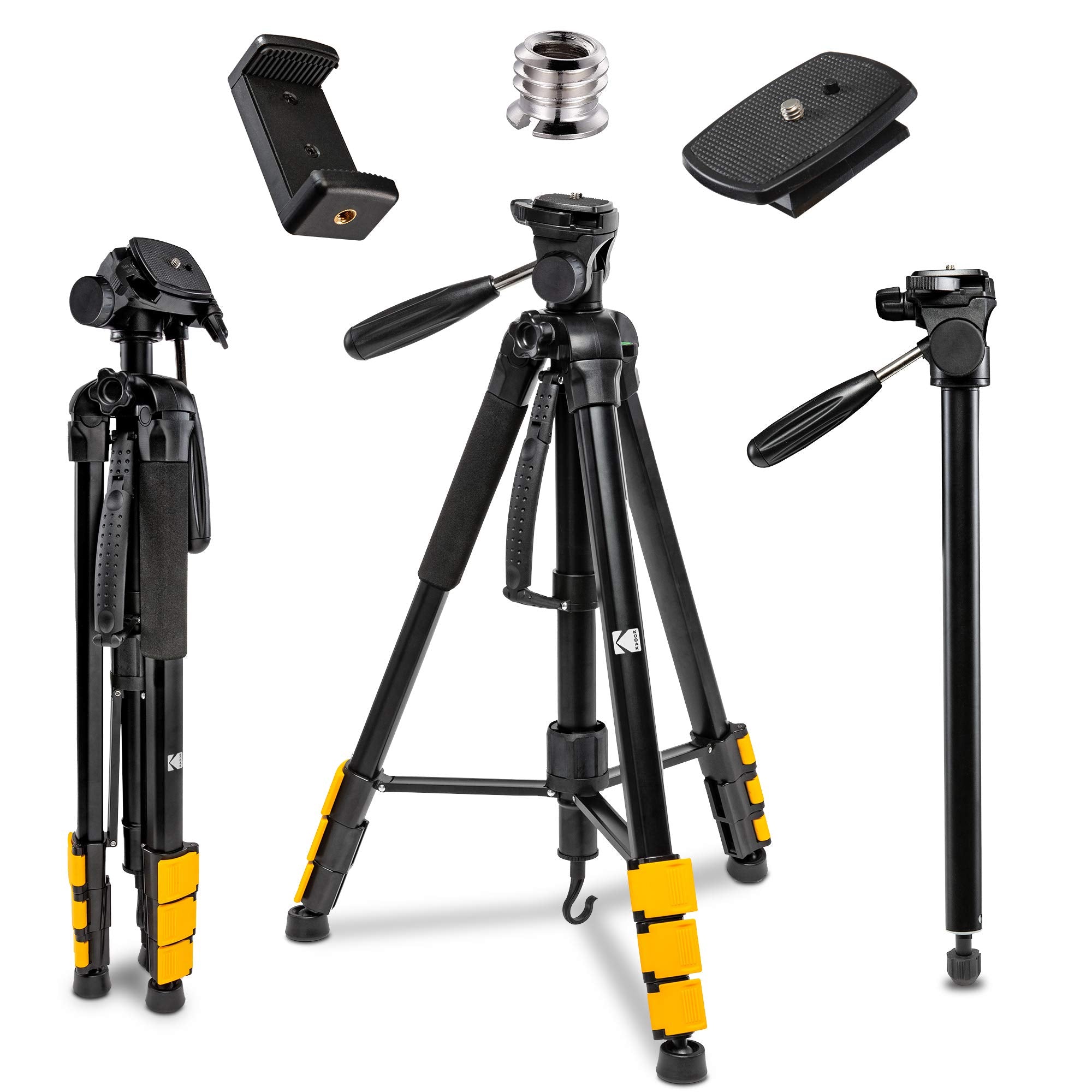 Kodak Photogear 2-In-1 Tripod & Monopod Lightweight 70" 4-Section Flip-Lock Aluminum Converts To 64.5" Monopod Quickrelease Plates, 3-Way Swivel Head, Bubble Level Bonus E-Guide & Case
