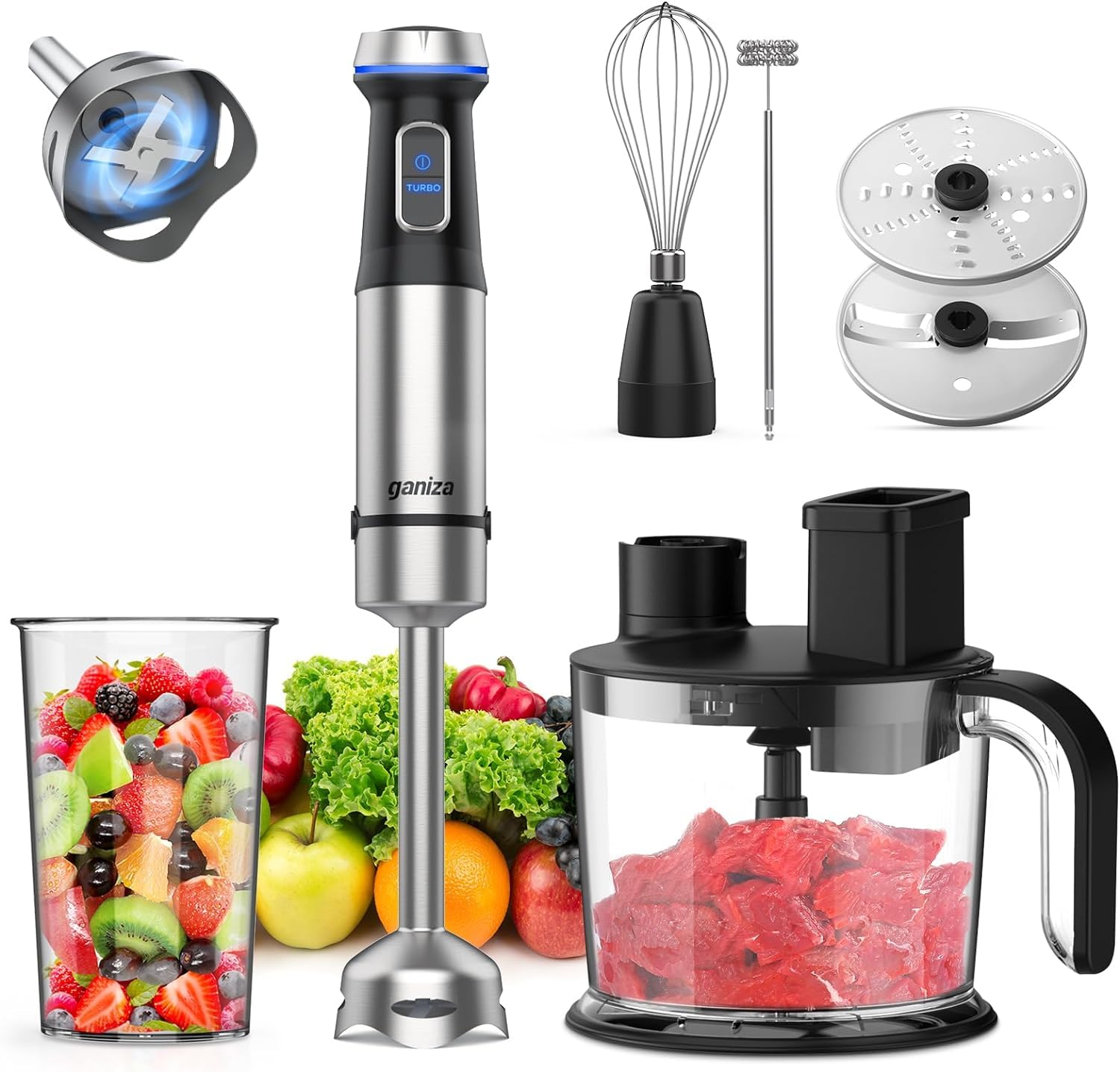Ganiza Immersion Blender Handheld, 7 In 1 Hand Blenders Max 1000W, 15 Vasriable Speed And Turbo Mode, Stainless Steel, With 1500Ml Food Processor And Other 6 Pieces