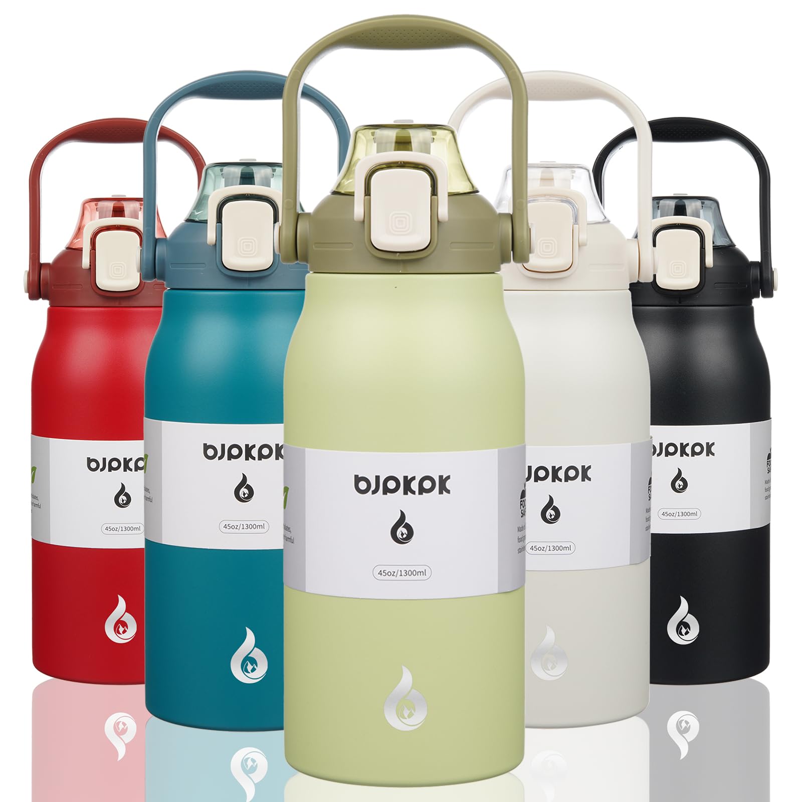 Bjpkpk Insulated Water Bottles With Straw, 45 Oz Stainless Steel Metal Water Bottle With One-Handed