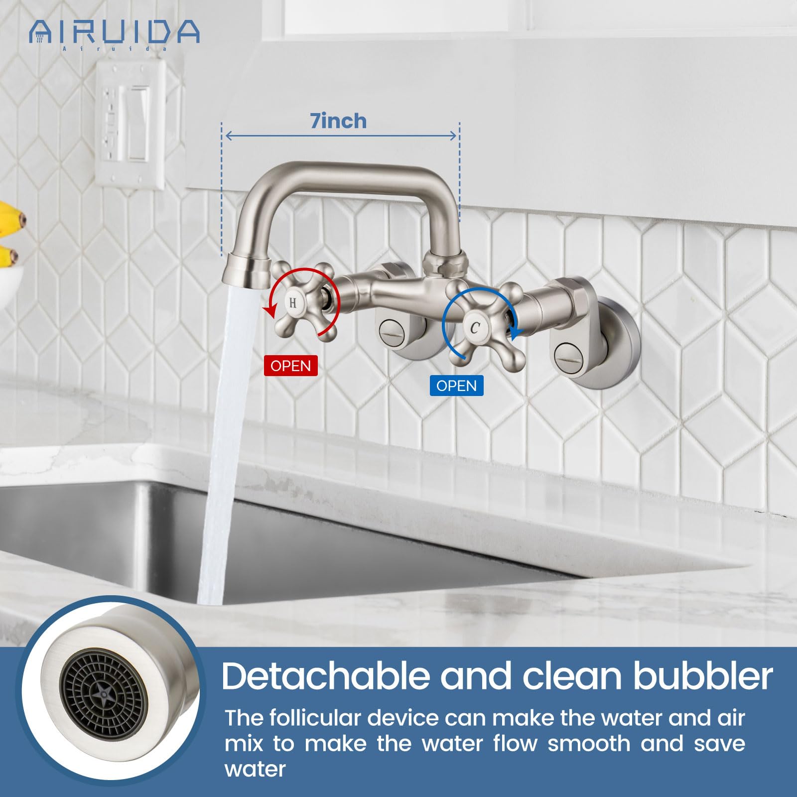 Airuida Wall Mounted Faucet Kitchen Brushed Nickel 6 Inch(15Cm) Spout Reach Adjustable Center Double Cross Handles 3 Inch To 9 Inch Hot And Cold Water Mixer Tap 360 Rotatable Faucet