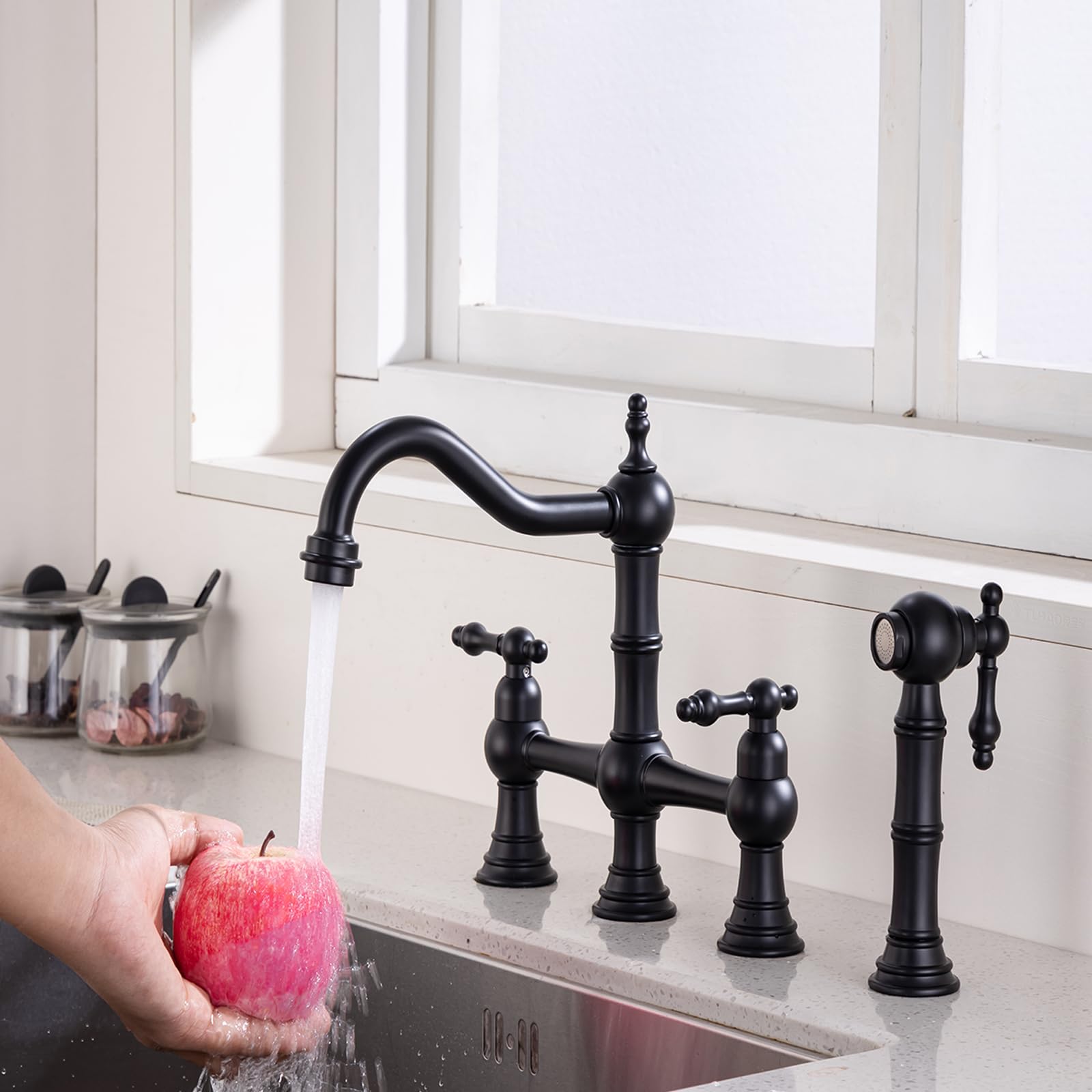 Ekrte Black Bridge Kitchen Faucet With Side Sprayer,2-Handle Bridge Faucet For Kitchen Sink, Matte Black Cassical Kitchen Faucet,Pull Out Centerset Bridge Sink Faucet