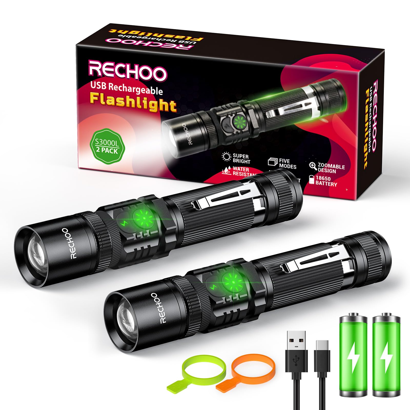 Rechoo Rechargeable Flashlights 2 Pack, High Lumens Led Utility Flashlight With Double Switch, Small Bright Flash Lights With 5 Modes, Zoomable, Ip65 Waterproof For Camping, Hiking, Emergencies