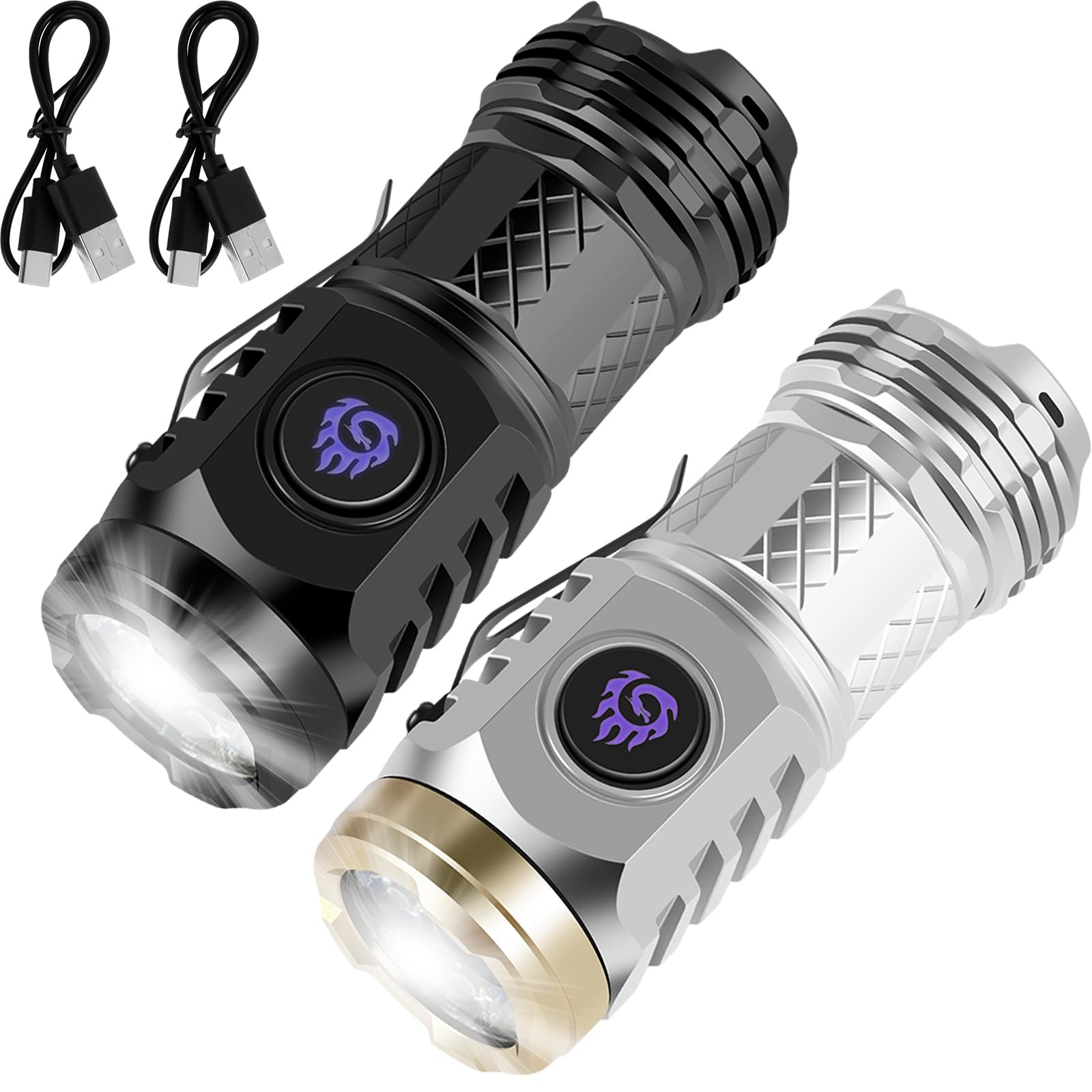 Nemtmcua 2Pcs German Three-Eyed Monster Mini Flash Super Power Flashlight, Thumb Flashlight Mini Flashlights, Pocket Flashlight With Clip, Mini Torch Led Flashlight, Portable Mini Pocket Torch (Black+Silver)