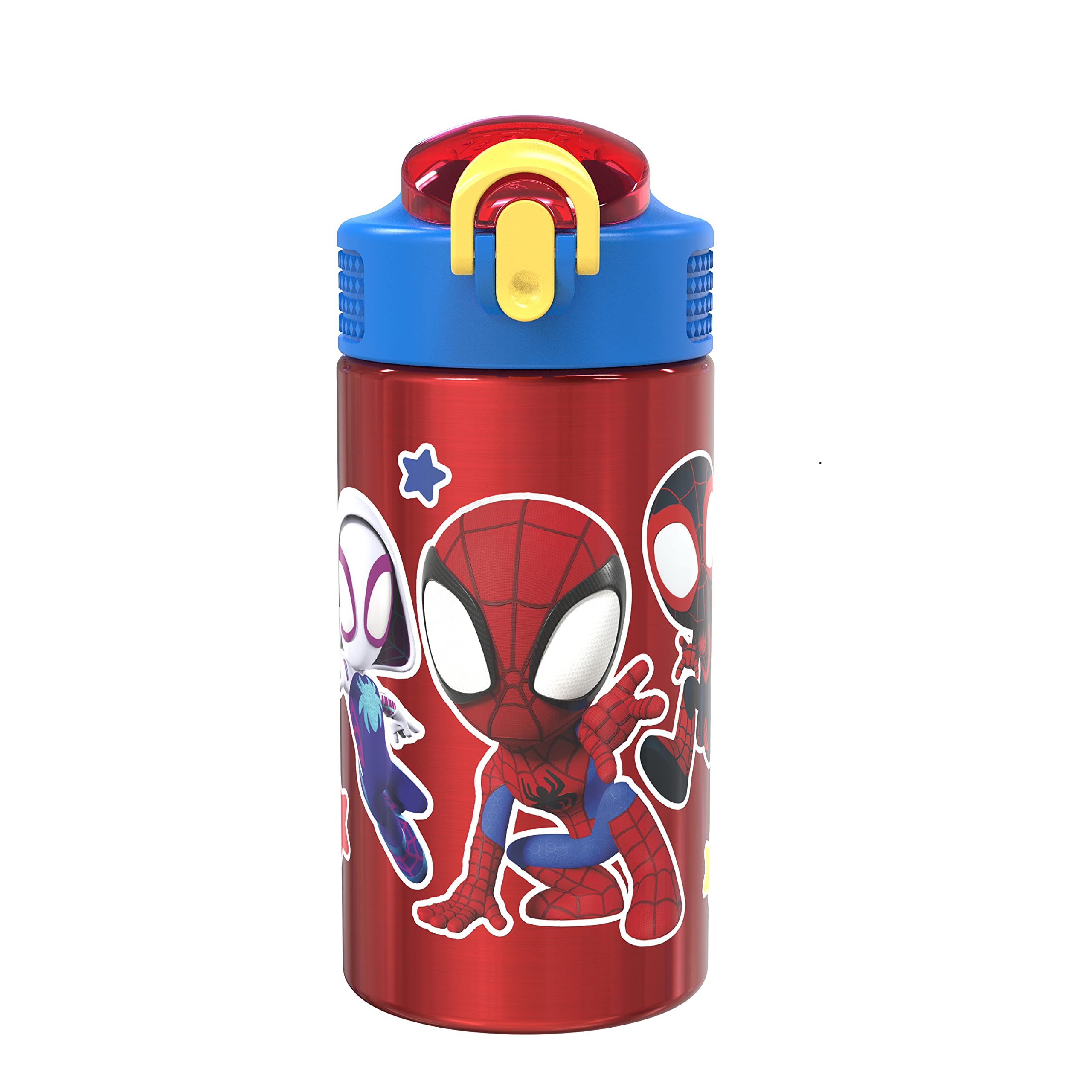 Zak Designs Marvel Spider-Man 18/8 Single Wall Stainless Steel Kids Water Bottle, Flip Straw Lockin
