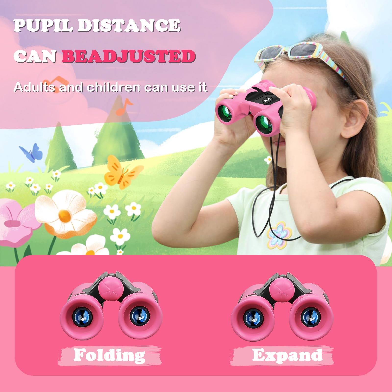 Blackice Binoculars For Kids, High-Resolution 8X21, Kids Binoculars  Set For Boys & Girls, Shockproof & Compact For Bird Watching, Travel, Hiking, Camping, Hunting, Children Outdoor Gear (Pink)