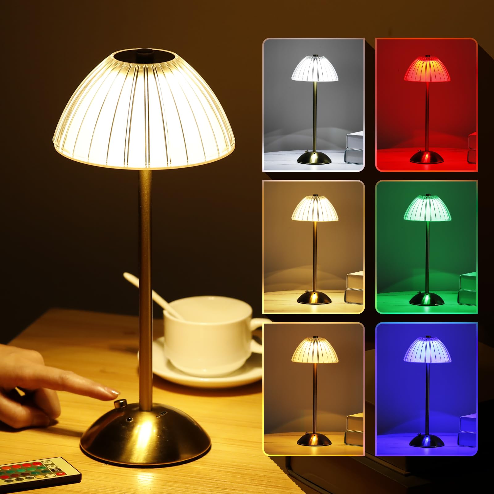 Caallogt Rechargeable Cordless Table Lamp 3 Colors & Rgb Stepless Dimming Led Battery Desk Lamp Portable Touch Control Bedside Lamp With Remote Control For Bars Restaurants Coffee Shop Living Room