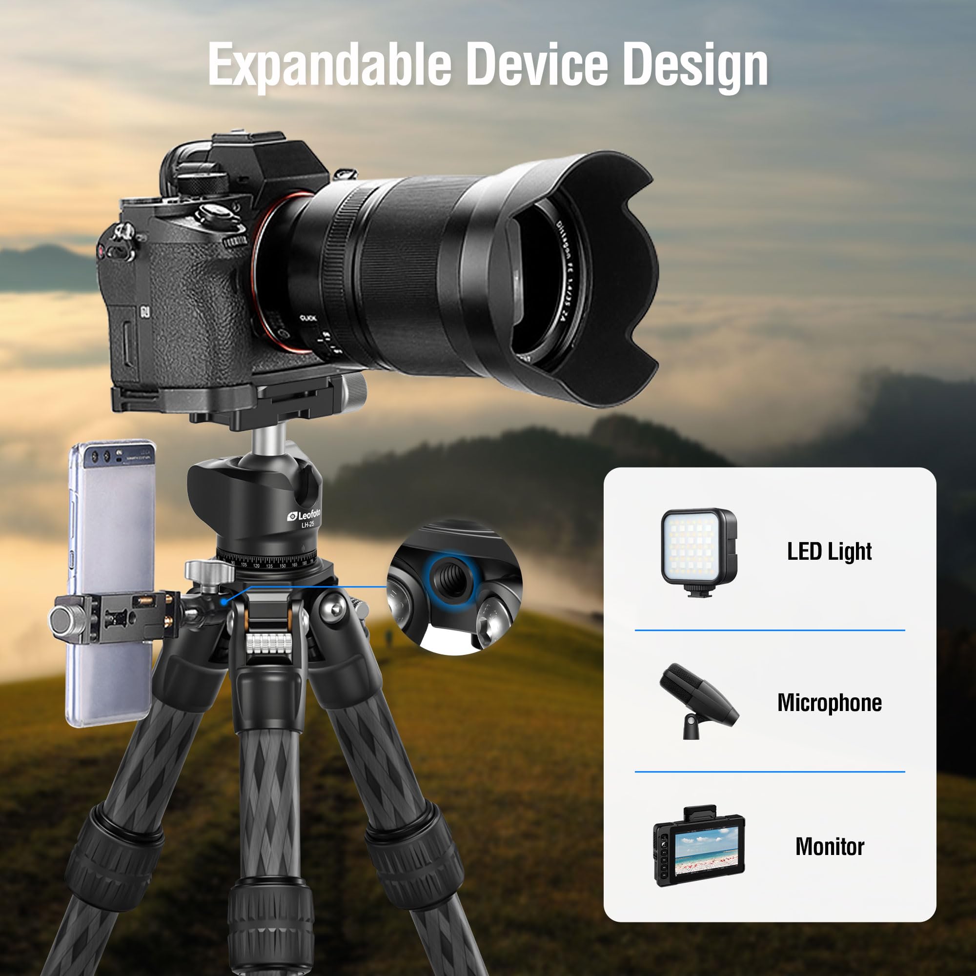 Leofoto Travel Camera Carbon Fiber Mini Table Tripod, 14.5" Lightweight Desktop Tripod For Dslr Camera Video Camcorder Webcam, Max Load 22Lb(Ls-223Cx)