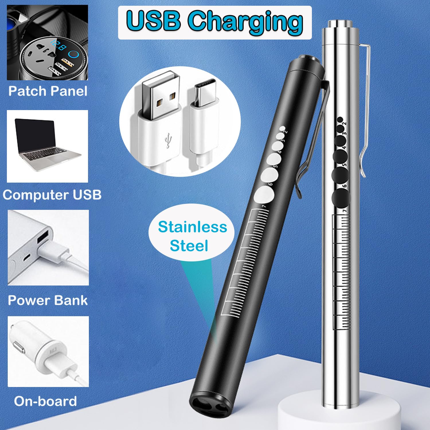 Yuentoen 2Pcs Pen Light, Led Pupil Gauge Penlight With 2 Light Led Sources, Usb Rechargeable Mini Penlight For Home Camping Outdoor And Emergency (Black+Silver)