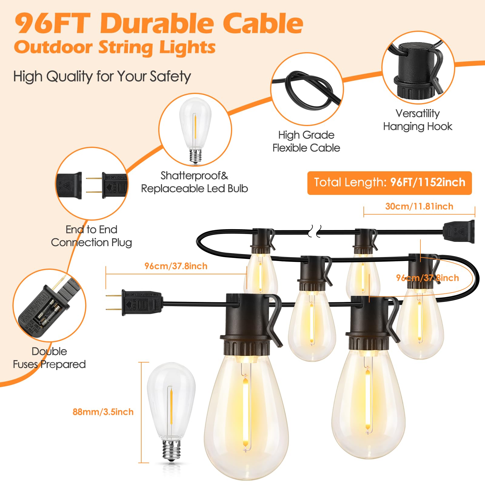Larkvue 96Ft Led Outdoor String Lights, Waterproof Patio Lights With 30+2 2700K Dimmable Shatterproof Edison Hanging Bulbs For Backyard Party-Black