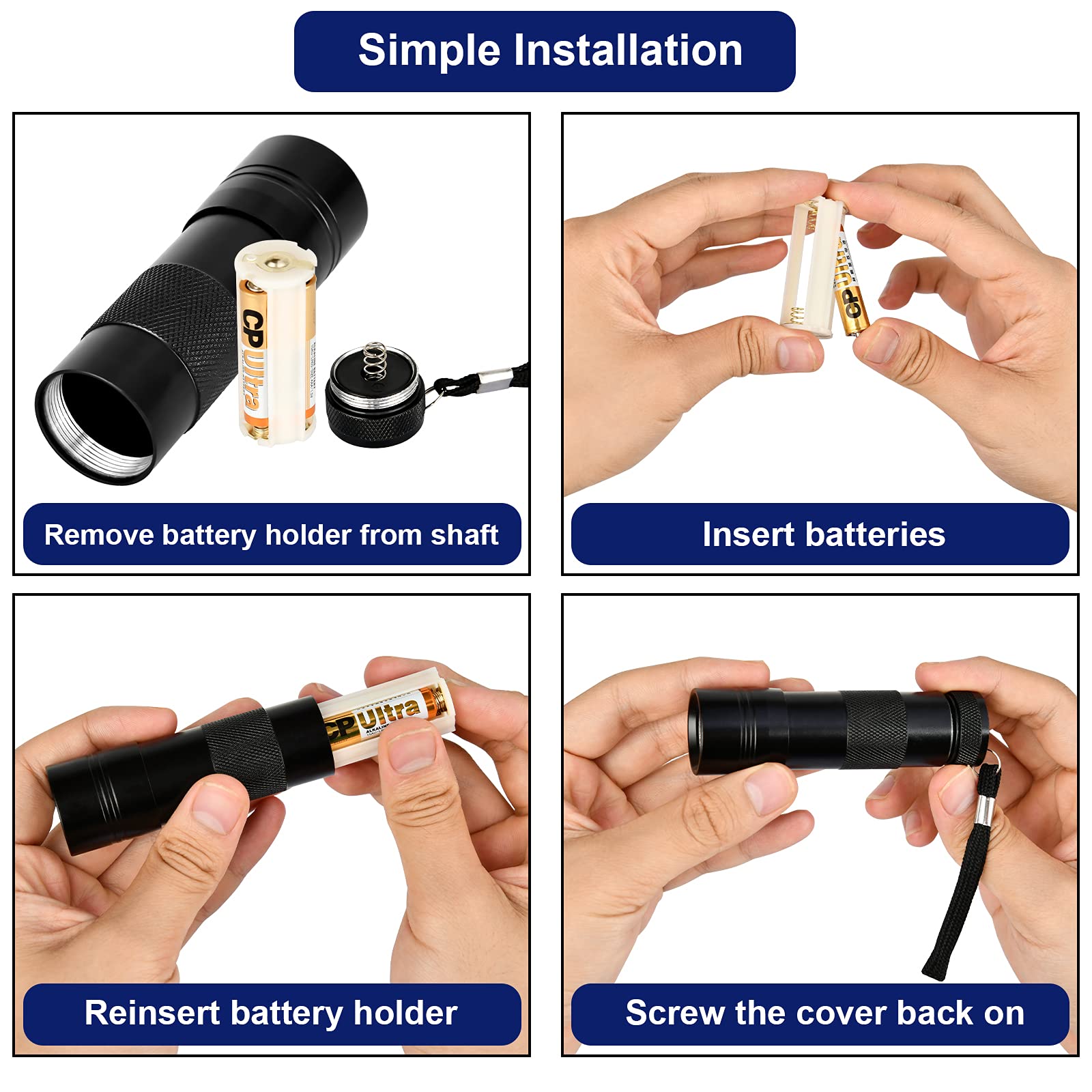 Simple Deluxe Uv Flashlight Black Light 395Nm Hand-Held Detecting Torch For Pet Urine, Stains, Verifying Money Documents, Batteries Not Included, Black