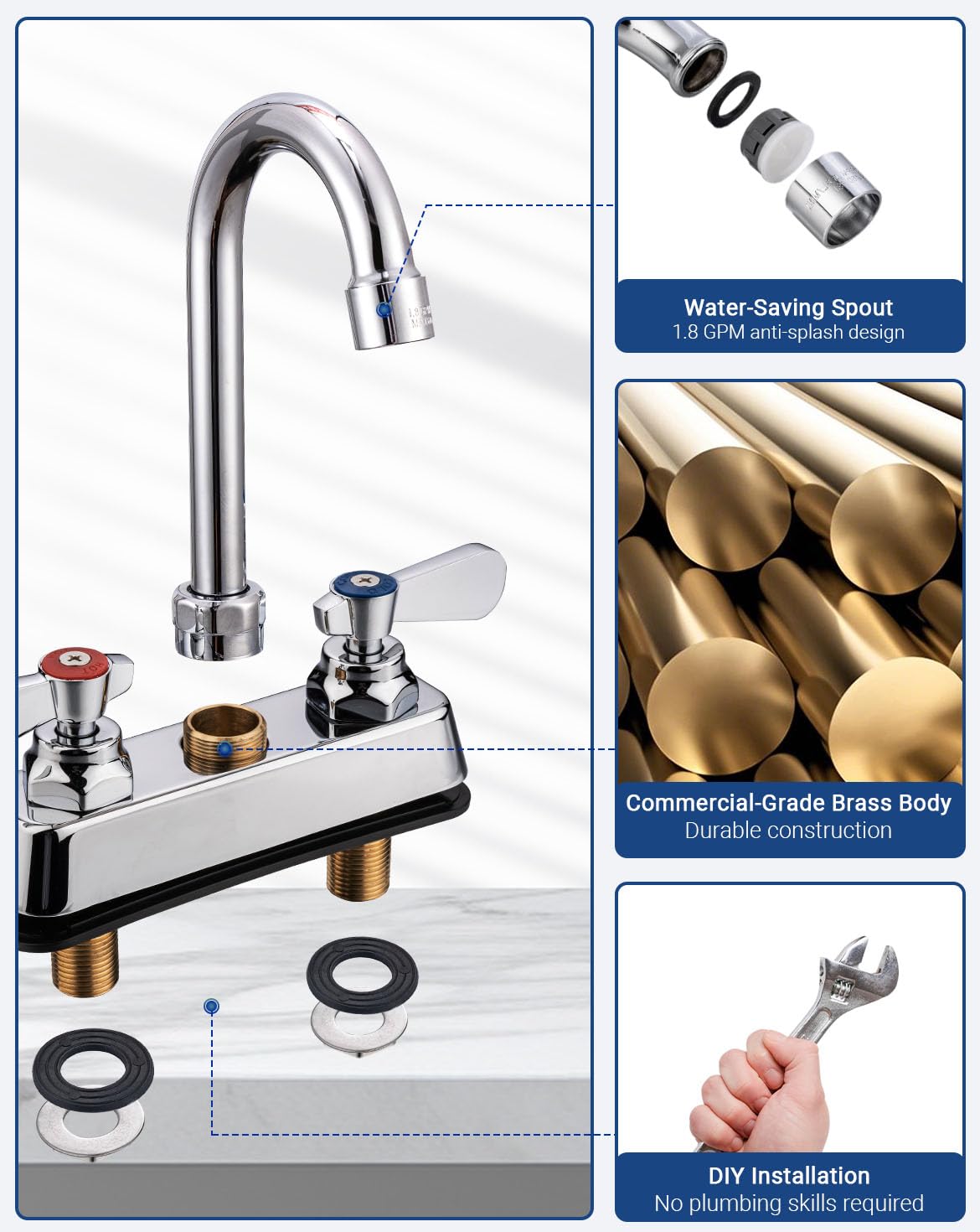 Phivan Commercial Kitchen Faucet 4" Center Deck Mount Commercial Bar Hand Sink Faucet With 3-1/2" Gooseneck Spout 2 Lever Handles Laundry Tub Utility Sink Faucet, Brass, Ceramic Valve