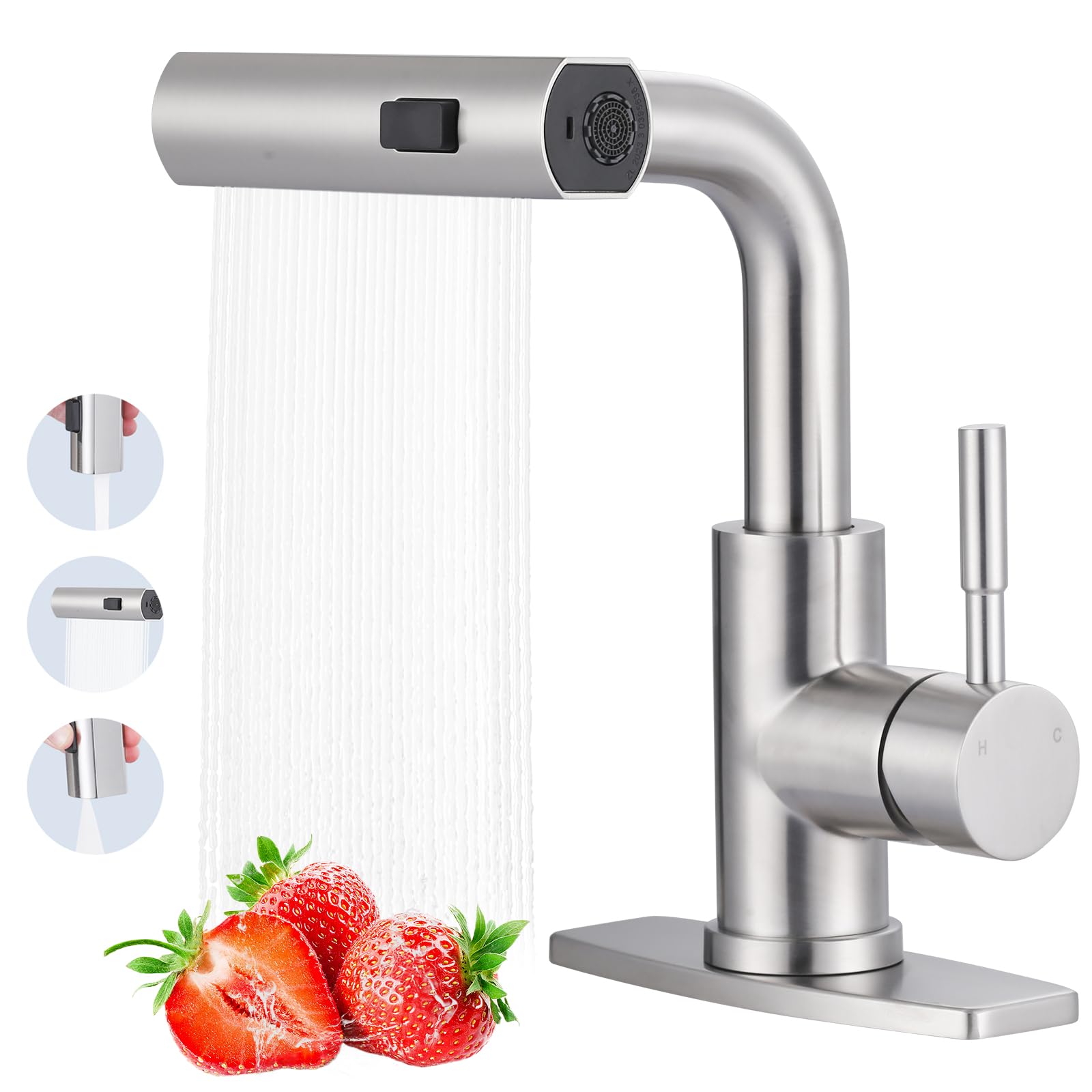 Aleasha Bar Sink Faucet Single Hole, 3 Water Modes Wet Bar Faucets With Pull Out Sprayer, Prep Sink Faucet 360 Swivel For Small Kitchen Bathroom Faucets With Cupc Supply Lines, Brushed Nickel