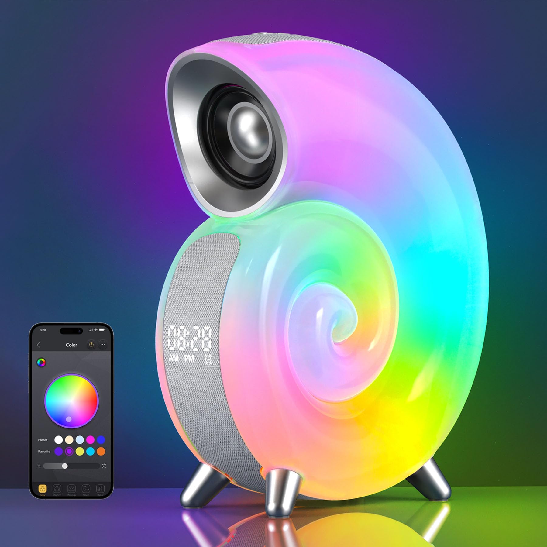 Leenabao Conch Music Speaker, Smart Atmosphere Light, Alarm Clock, Dynamic Night Light Table Lamp, App Control With 2000Mah Battery (Grey)