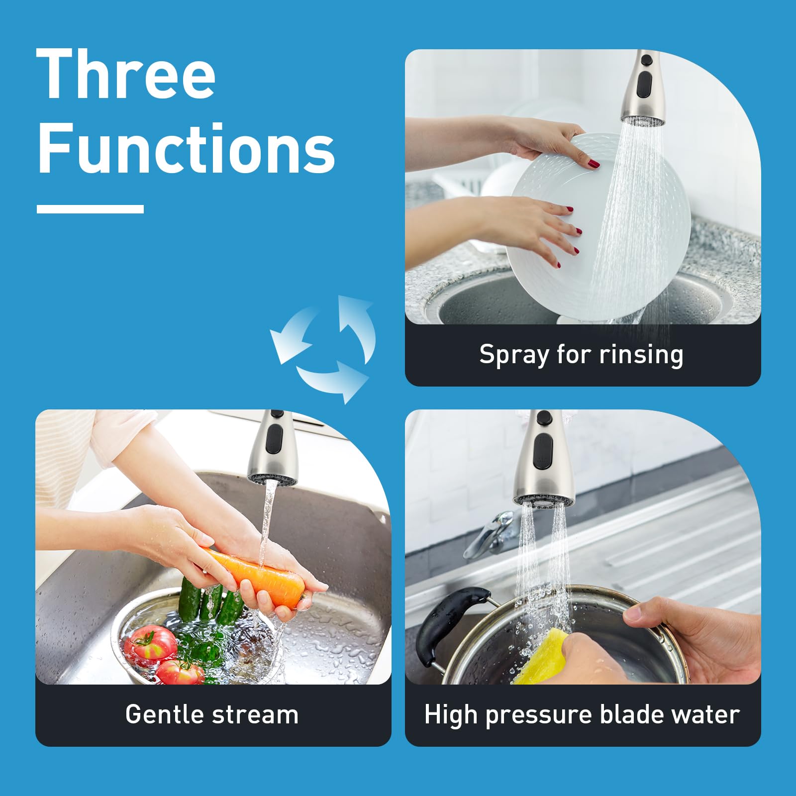 Beati Faucet Replacement Kitchen Faucet Head For Wewe-Forious-Qomolangma-Vfauosit-Basdehen-Wowow-Vccucine Pull Out/Down Kitchen Sink Faucet, 3 Spray Function,Brushed Nickel