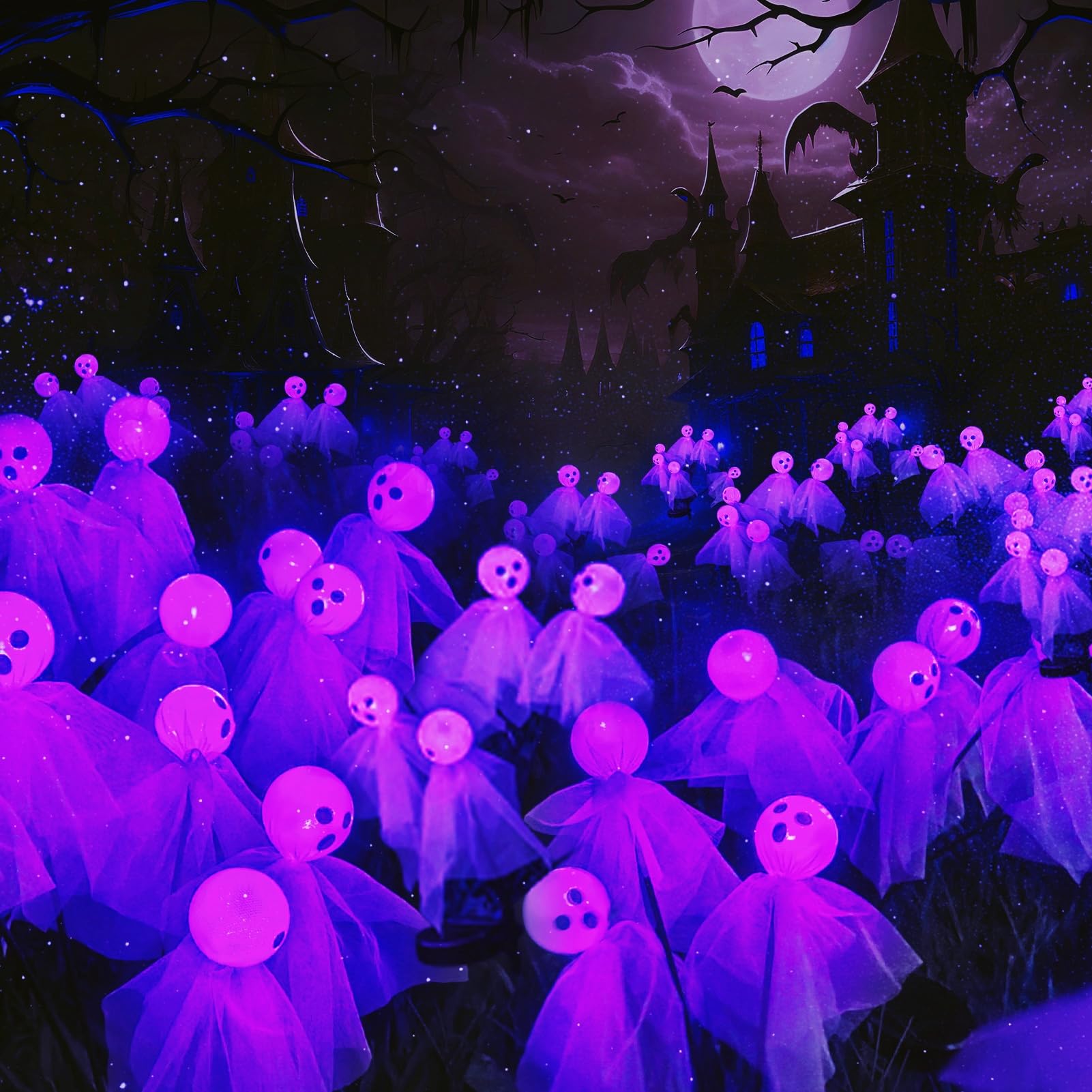 Maoyue Halloween Decorations Outdoor Halloween Lights 2Packs 12 Led Outdoor Solar Halloween Lights Scary Ghost Lights, Swaying Firefly Halloween Pathway Lights Waterproof For Garden Yard Lawn, Purple