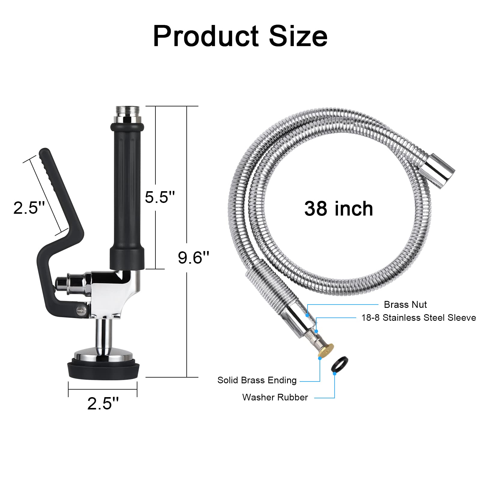 Kanoney Spray Valve With Pre Rinse Hose 38" Stainless Steel Flexible Hose With Sprayer Nozzle Head Replacement Kit For Commercial Sink Industrial Restaurant Kitchen Faucets(Black)