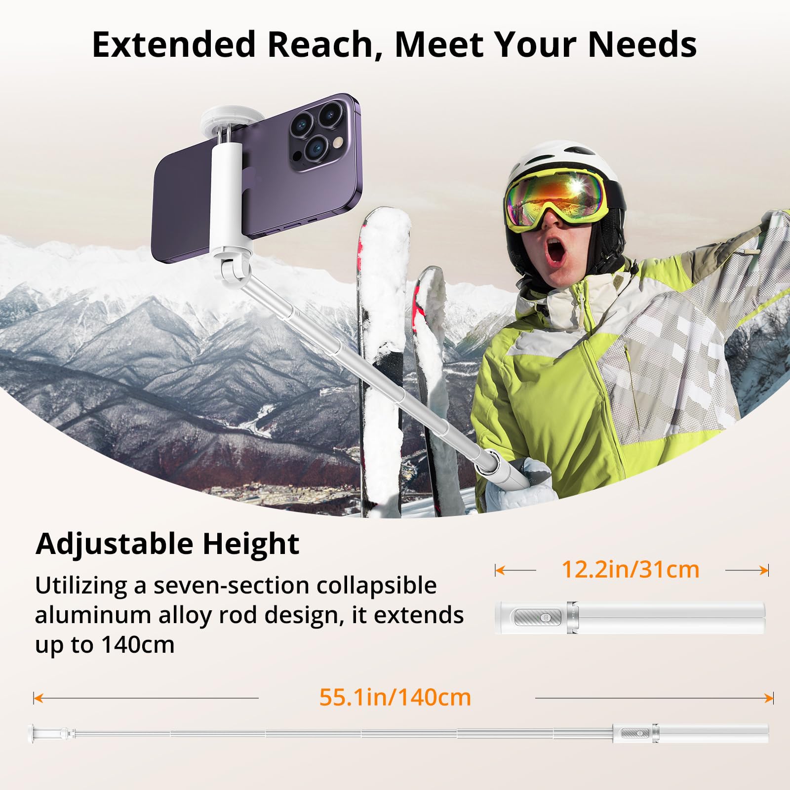Atumtek 55" Selfie Stick Tripod, All-In-One Extendable Aluminum Phone Tripod With Rechargeable Bluetooth Remote, 360 Rotatable For Iphone 15 Pro Max/15/14/13 Samsung Smartphones, White