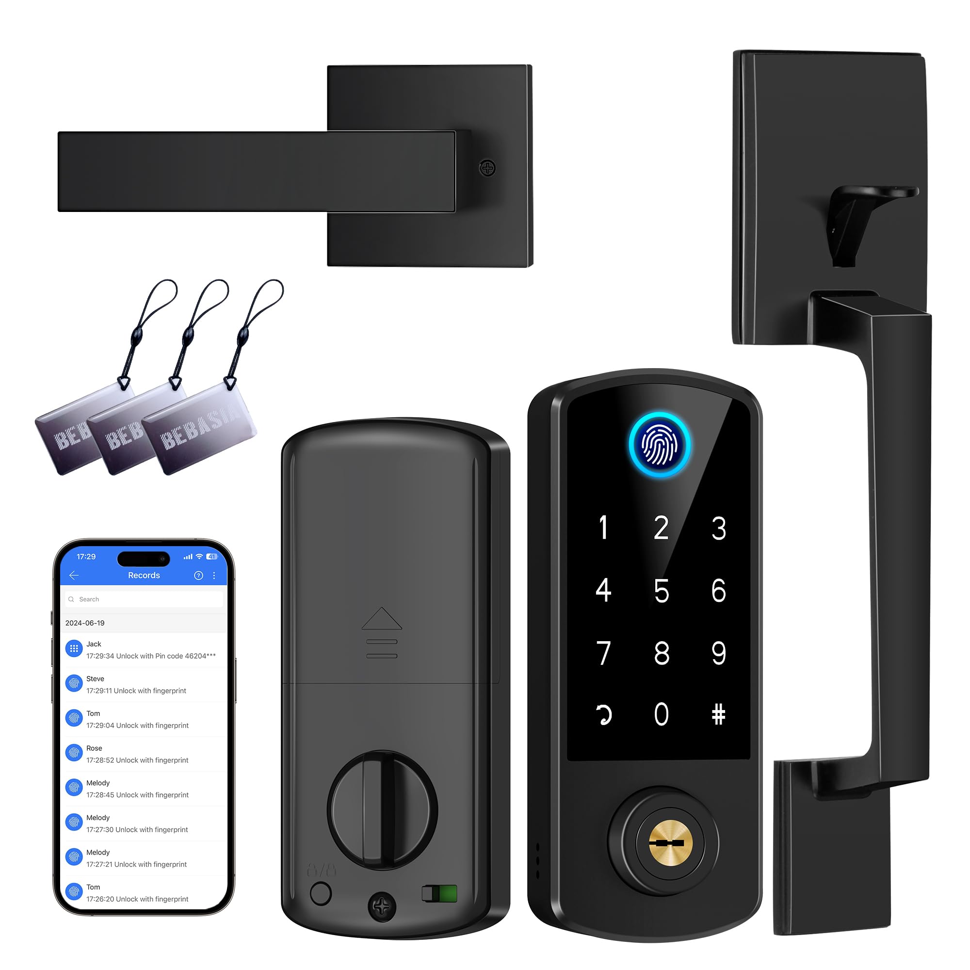 Bebasia Keyless Entry Door Deadbolt With Handle Set, Fingerprint App Smart Door Lock, Digital Keypad Bluetooth Deadbolt Lockset With Auto Lock Code Fob Black