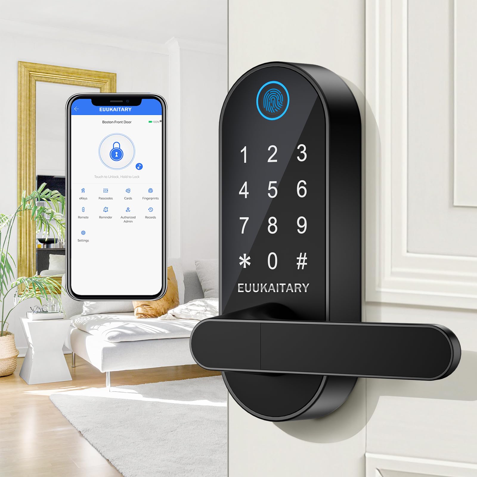 Euukaitary Fingerprint Door Lock, Keyless Entry Door Lock, Smart Locks For Front Door, Built-In Wifi, App Remote Control, Digital Keypad Code Unlock, Auto-Lock, Electronic Deadbolts With Handle