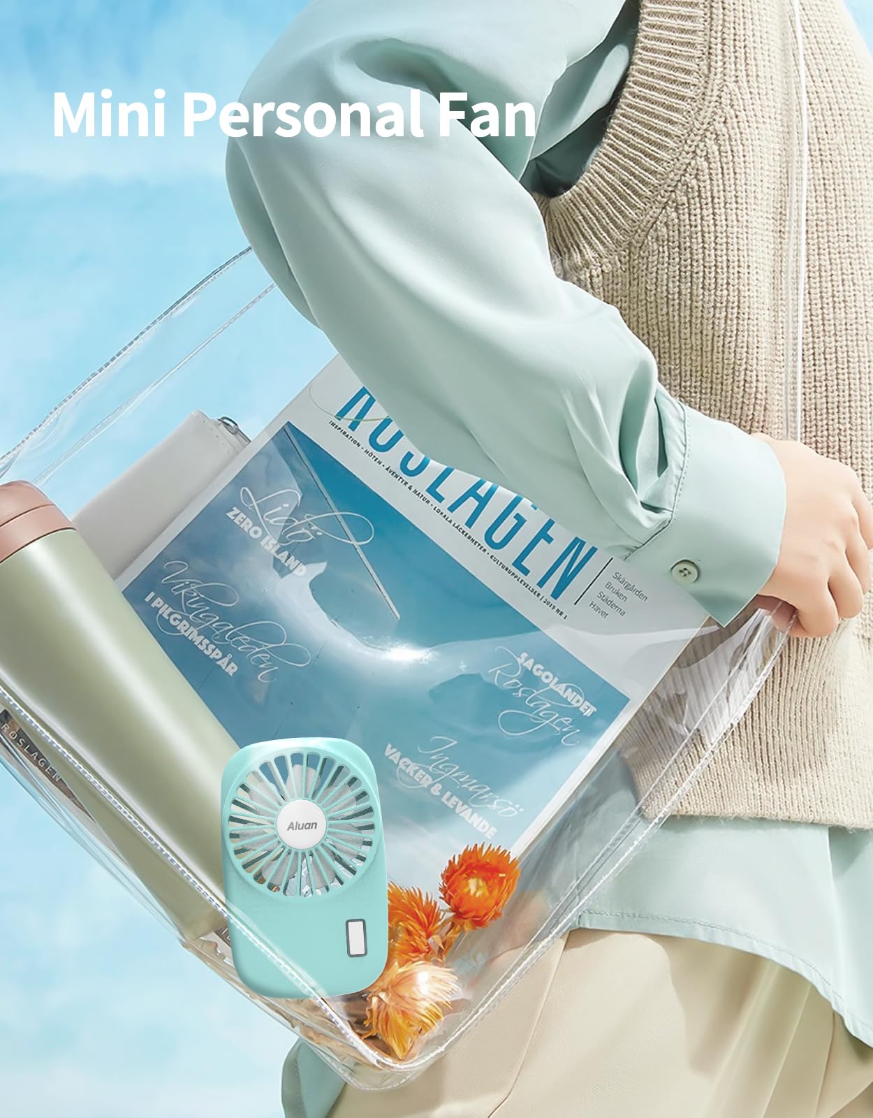 Mini handheld fan by Aluan, adjustable speed, rechargeable via USB, ideal for eyelash care and personal cooling