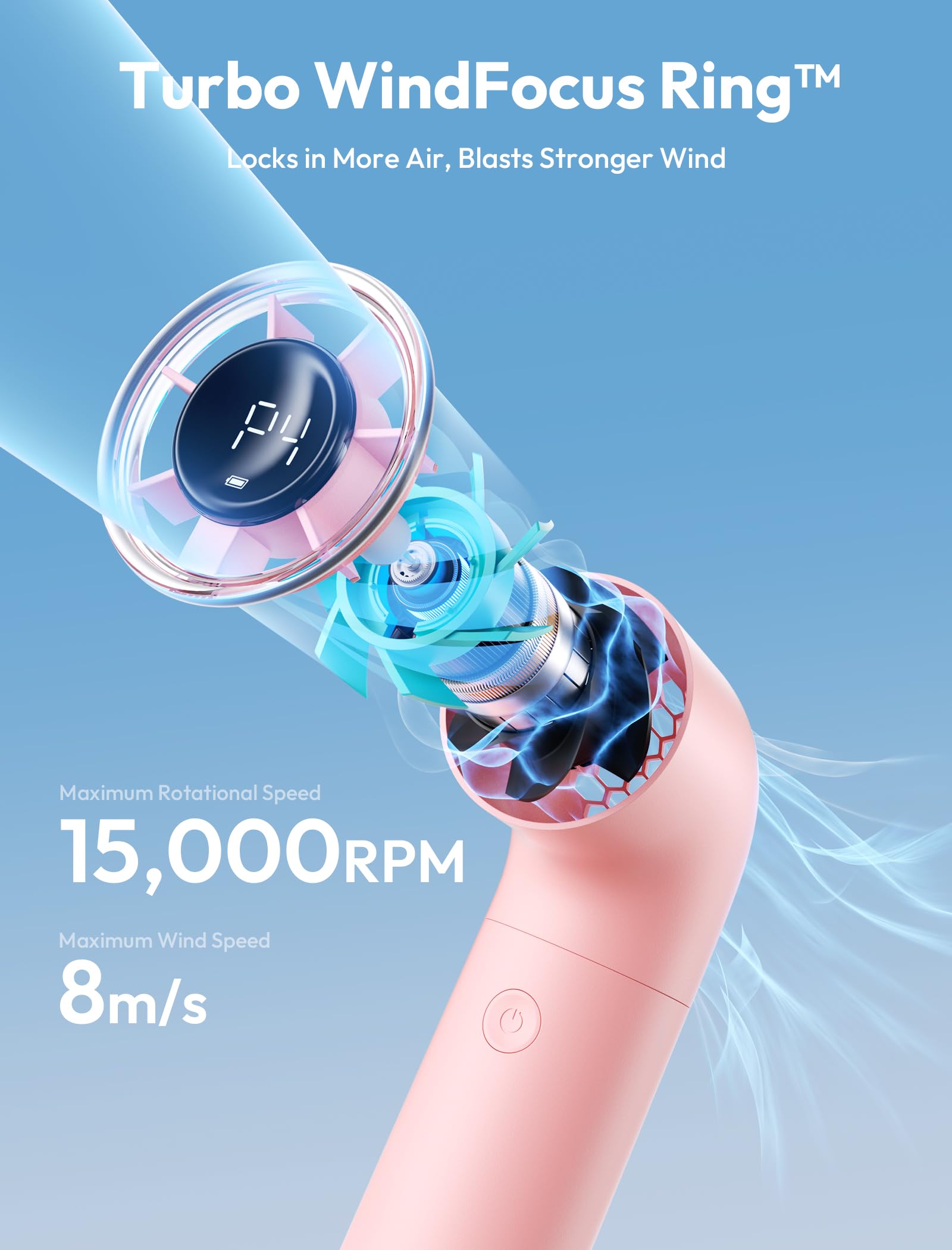 Aecooly turbo mini fan with 15000 RPM, 8 hours of cooling power, perfect for personal cooling on-the-go