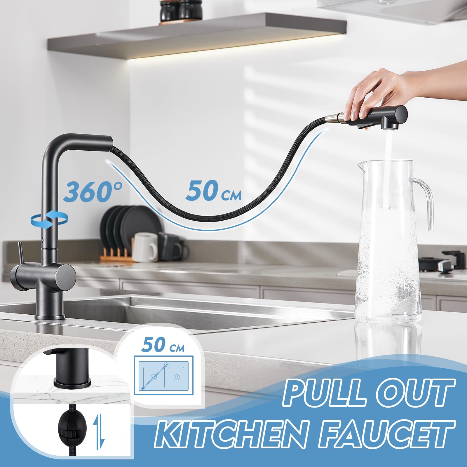 Aktines Matte Black Kitchen Faucet With 2 Function Pull Down Sprayer, Stainless Steel Kitchen Sink Faucet With Deck Plate, Fits 1 Or 3 Hole Sinks For Kitchen, Bar, Rv