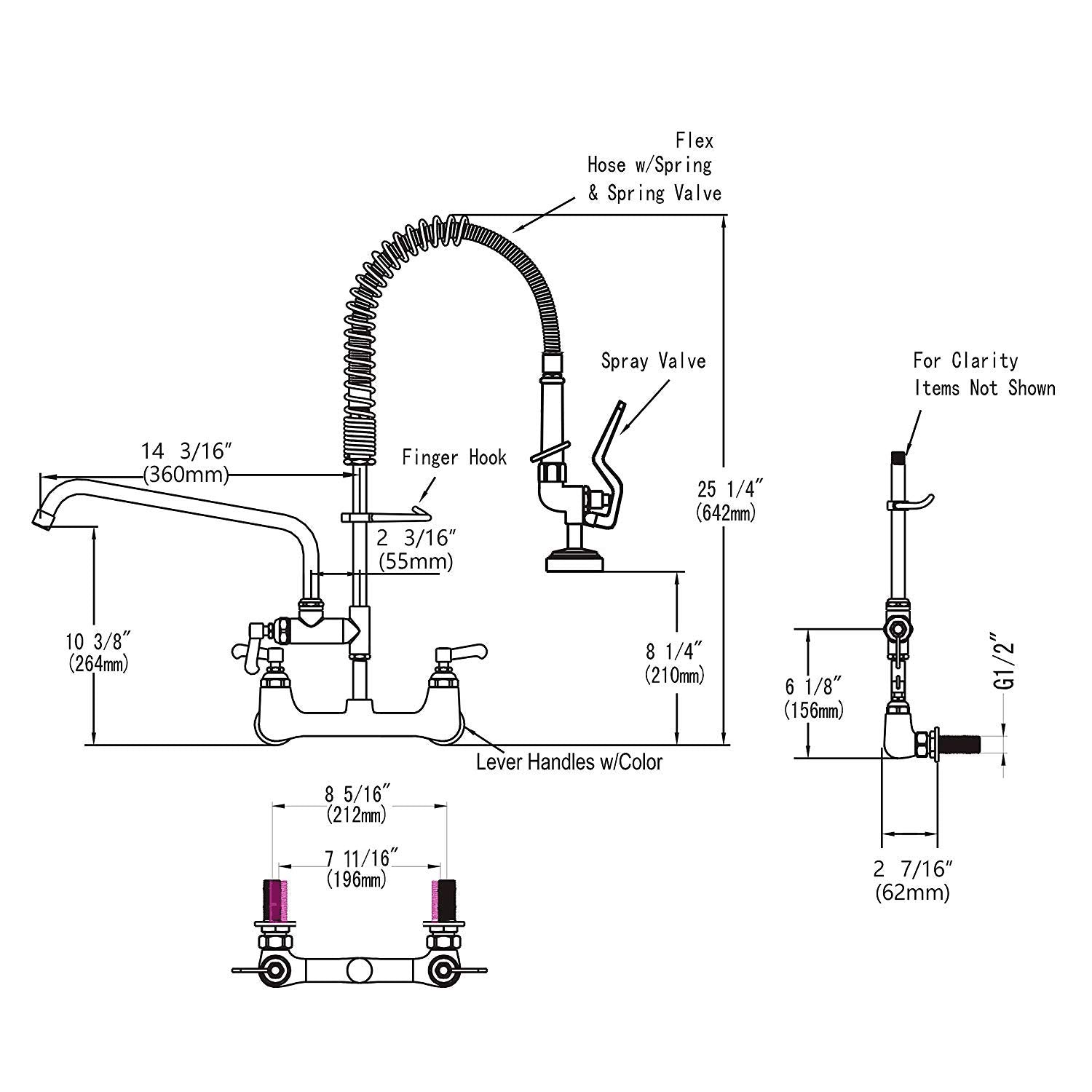 Kwode Commercial Sink Faucet With Pre-Rinse Sprayer 8 Inch Center Wall Mount Kitchen Faucet 25” Height Compartment Sink Faucet With 12” Swivel Spout For Restaurant Industrial, Brass Chrome Finish