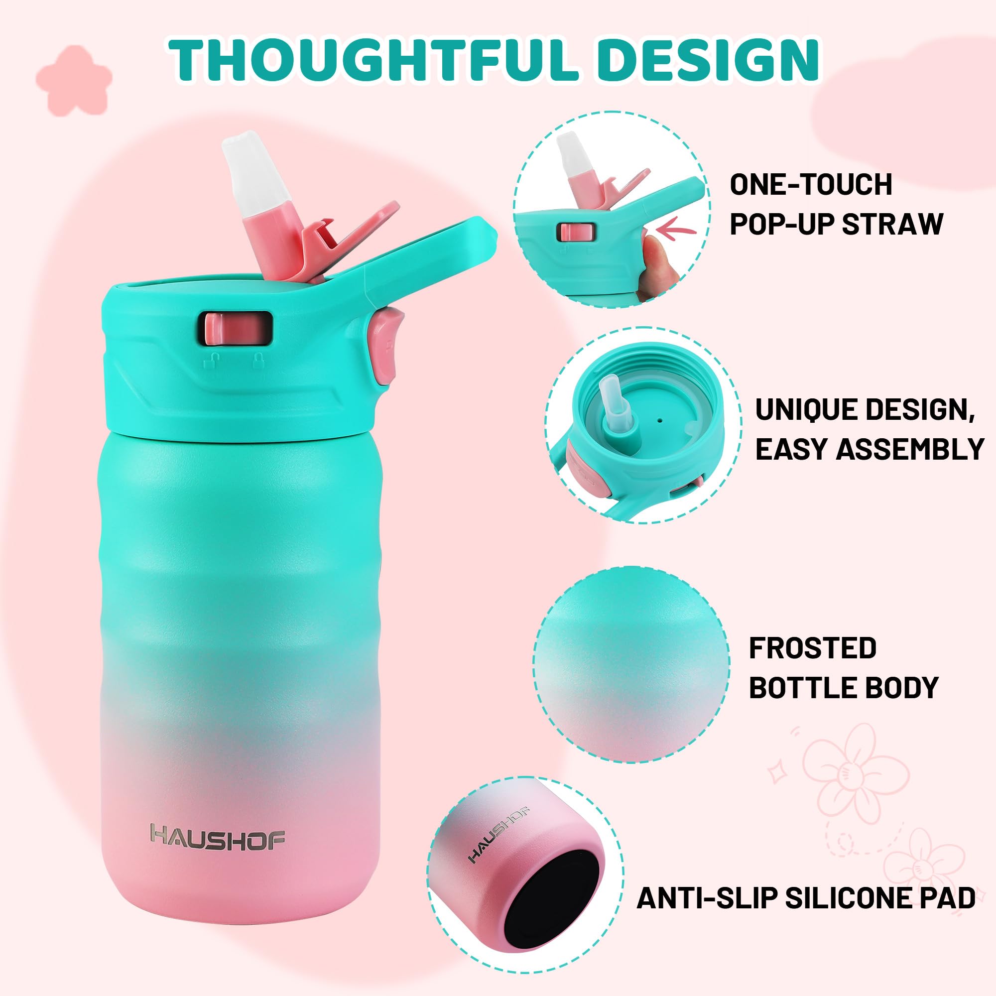 Haushof Kids Water Bottle 12 Oz- With Straw And Stickers, Stainless Steel Vacuum