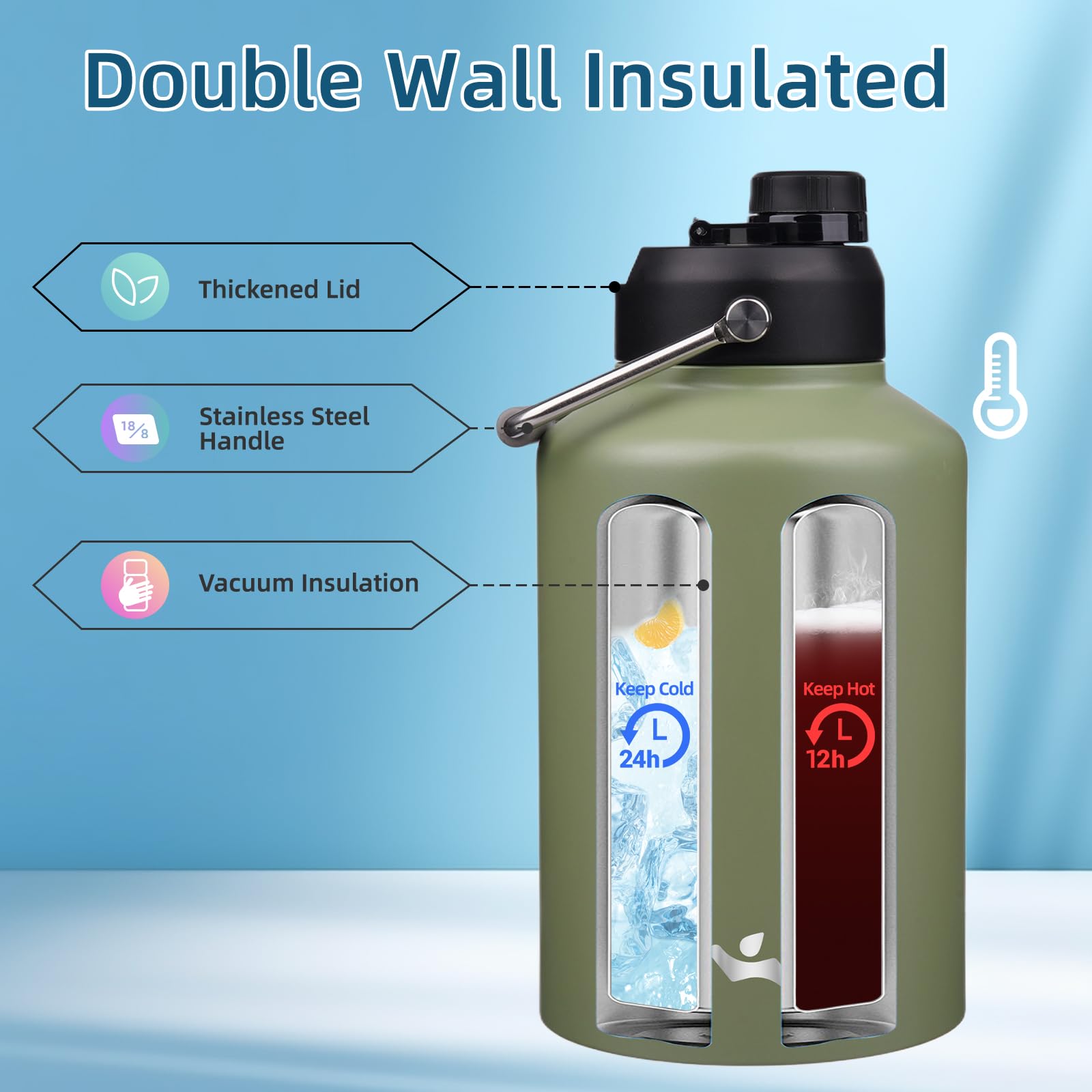 1 Gallon Jug With Handle,128 Oz Insulated Water Bottle With Carrying Pouch, Double Wall Vacuum