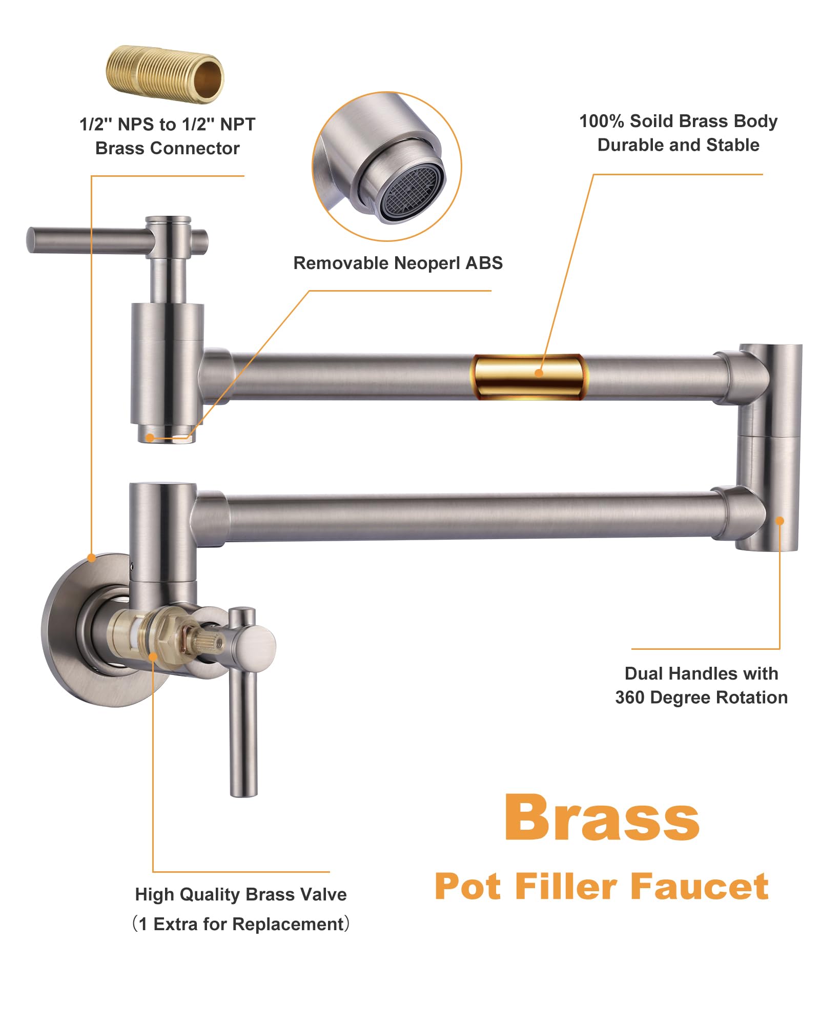 Iviga Pot Filler Faucet, Brass Wall Mount Kitchen Faucet Brushed Nickel Folding Stretchable With Double Joint Swing Arm Single Hole 2 Handles For Kitchen, Stove Faucet