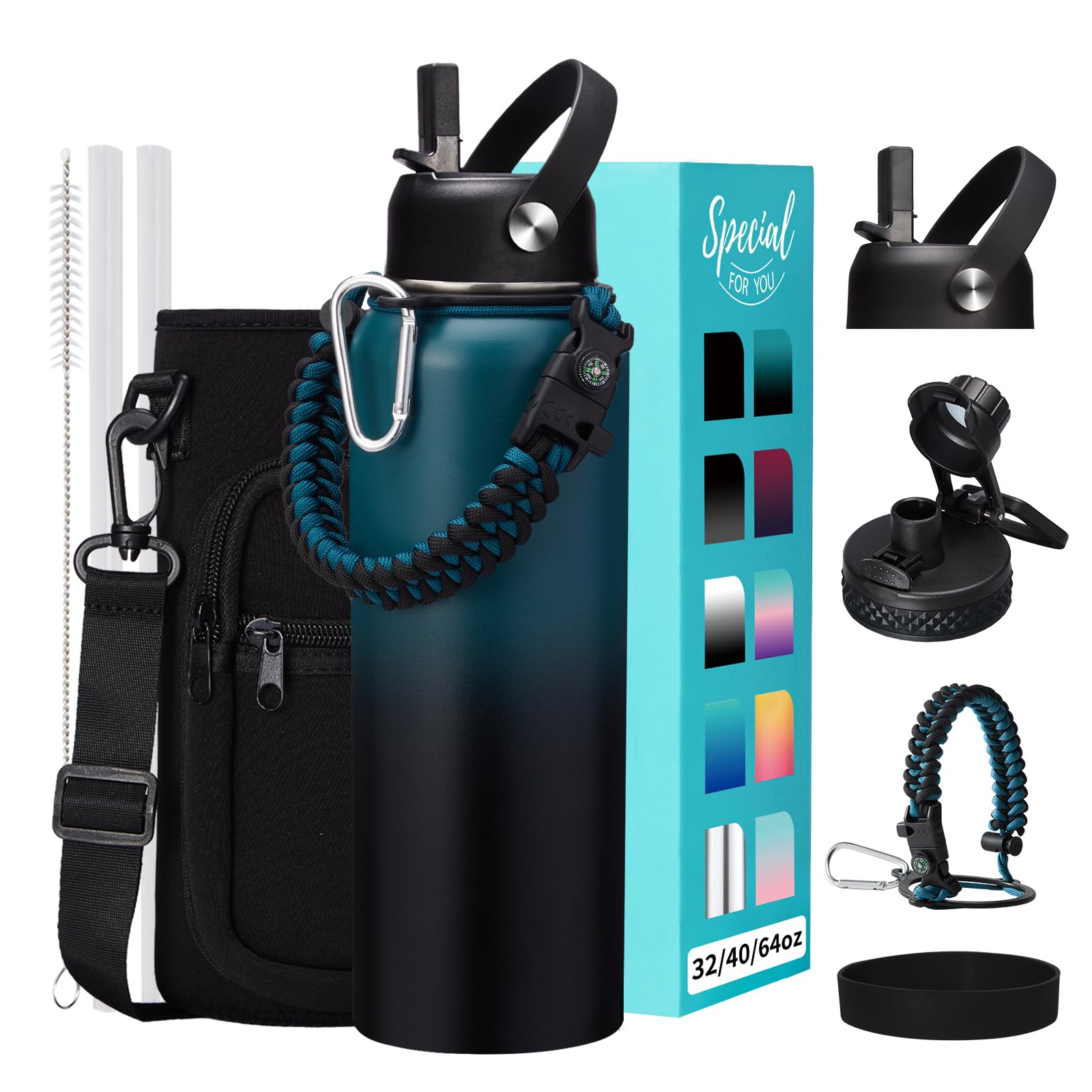 40/64/128Oz Vacuum Insulated Water Bottle - Cold For 48H, Combo Straw & Spout Lids