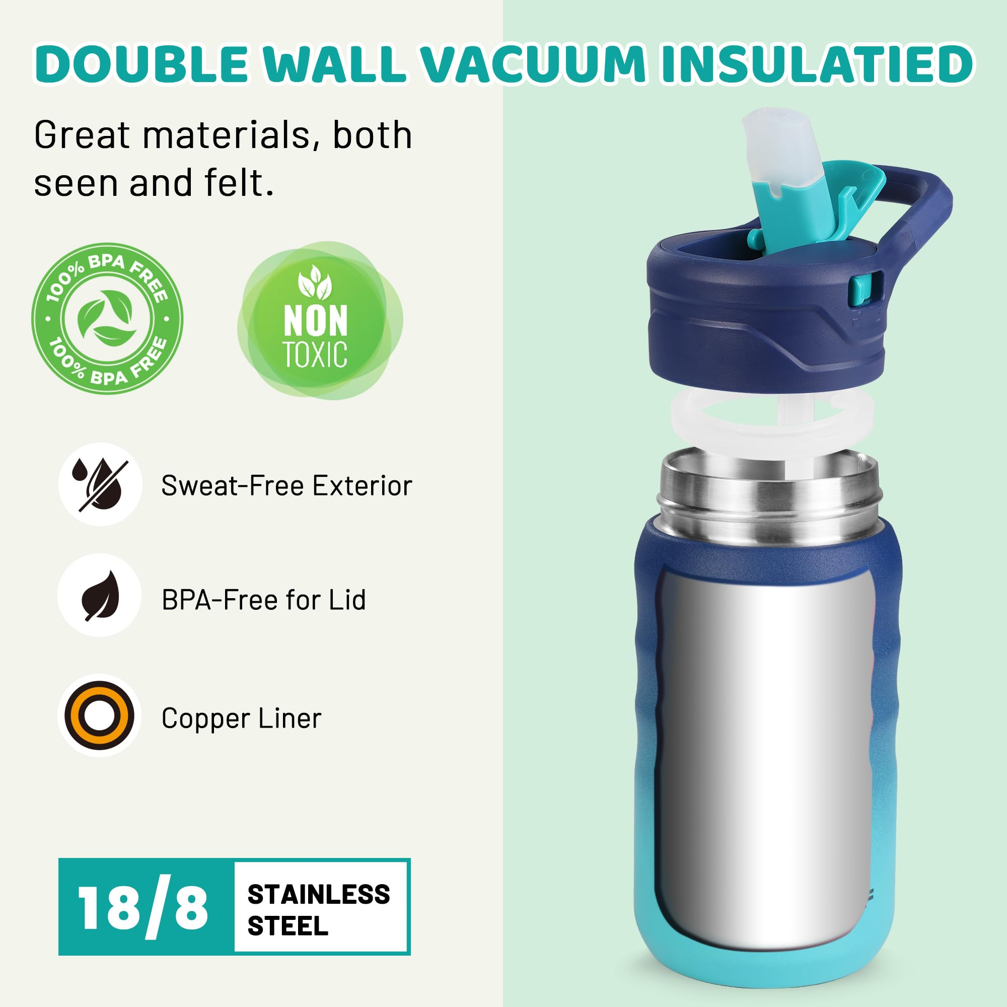 Haushof Kids Water Bottle 2-Pack (12 Oz)- With Straw And Stickers, Stainless Steel Vacuum D