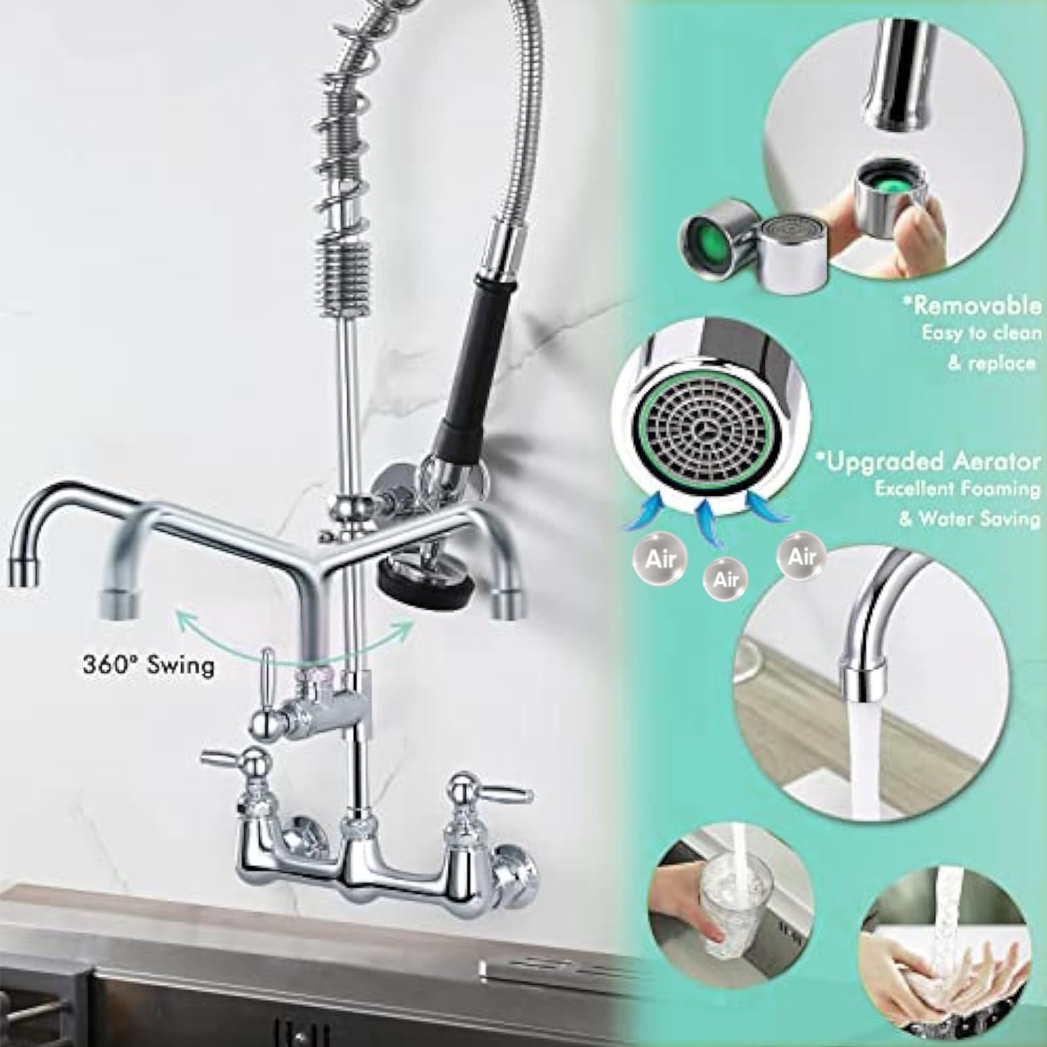 Golrean Commercial Sink Faucet With Pre Rinse Sprayer, Wall Mount Kitchen Faucet For 3 Compartment Sink, 36" Height, 8 Inch Restaurant Commercial Faucet With 12’’ Spout, Brass, Industrial