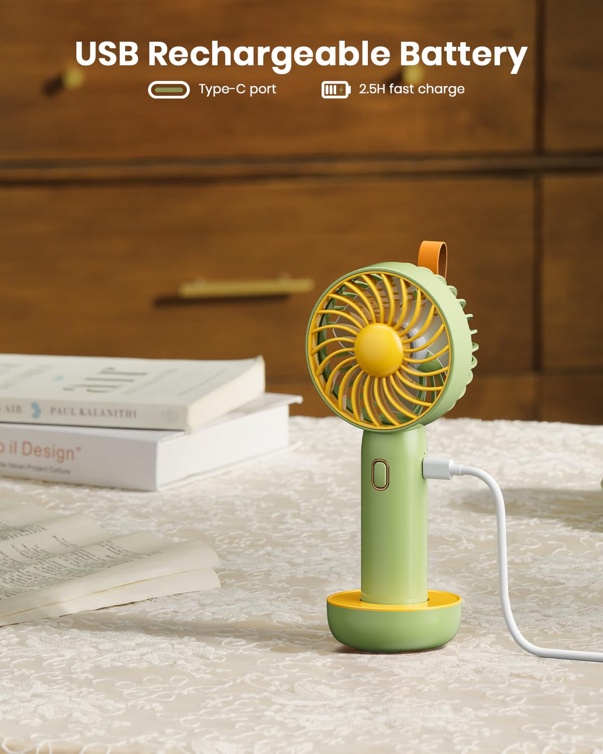 Retro Portable Fan, Mini Personal Handheld And Desktop With Base, 3 Powerful Speed, Usb Rechargeable