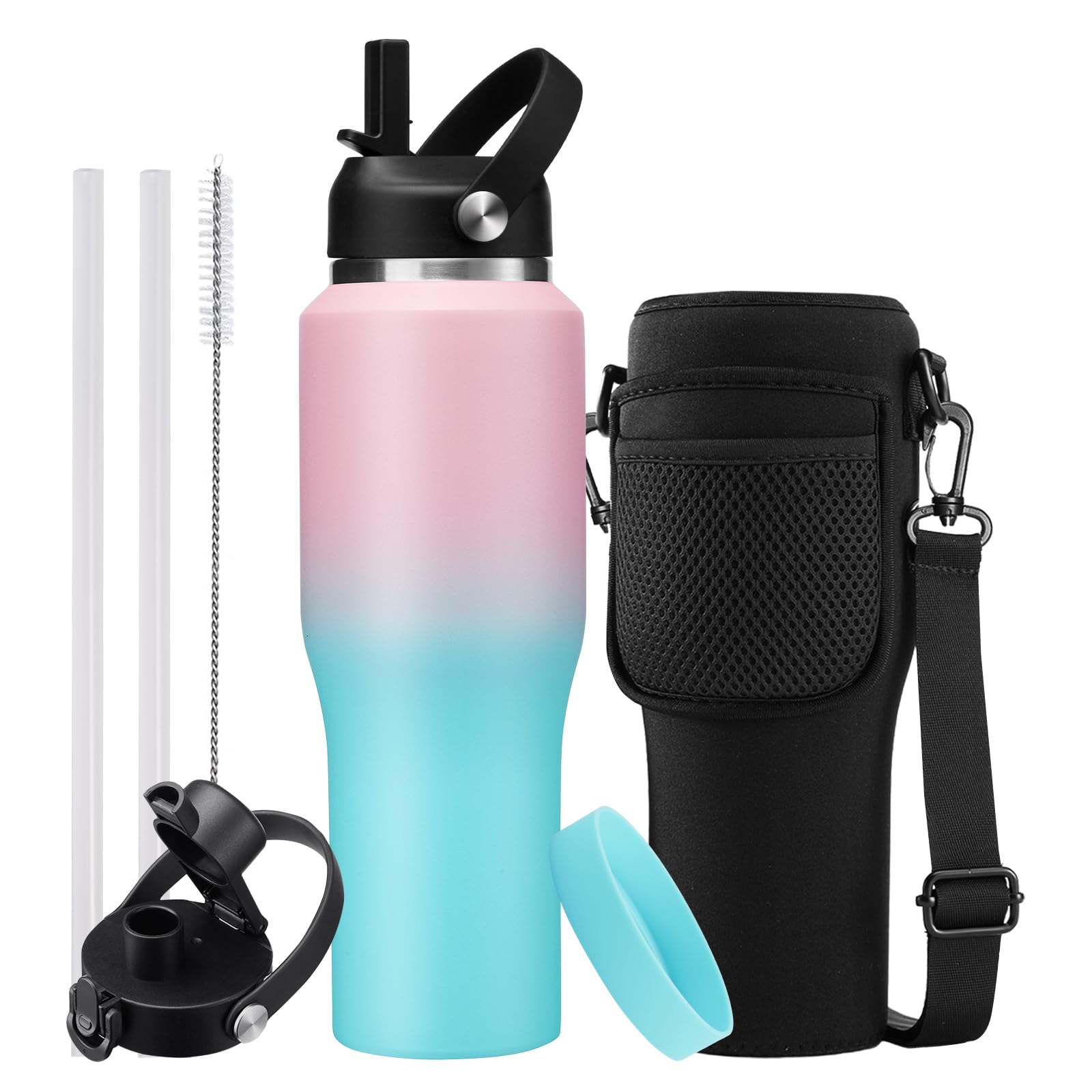 32Oz Stainless-Steel Tumblers With Straw & Sleeve - Insulated Water Bottles That Fits In Cup Holder