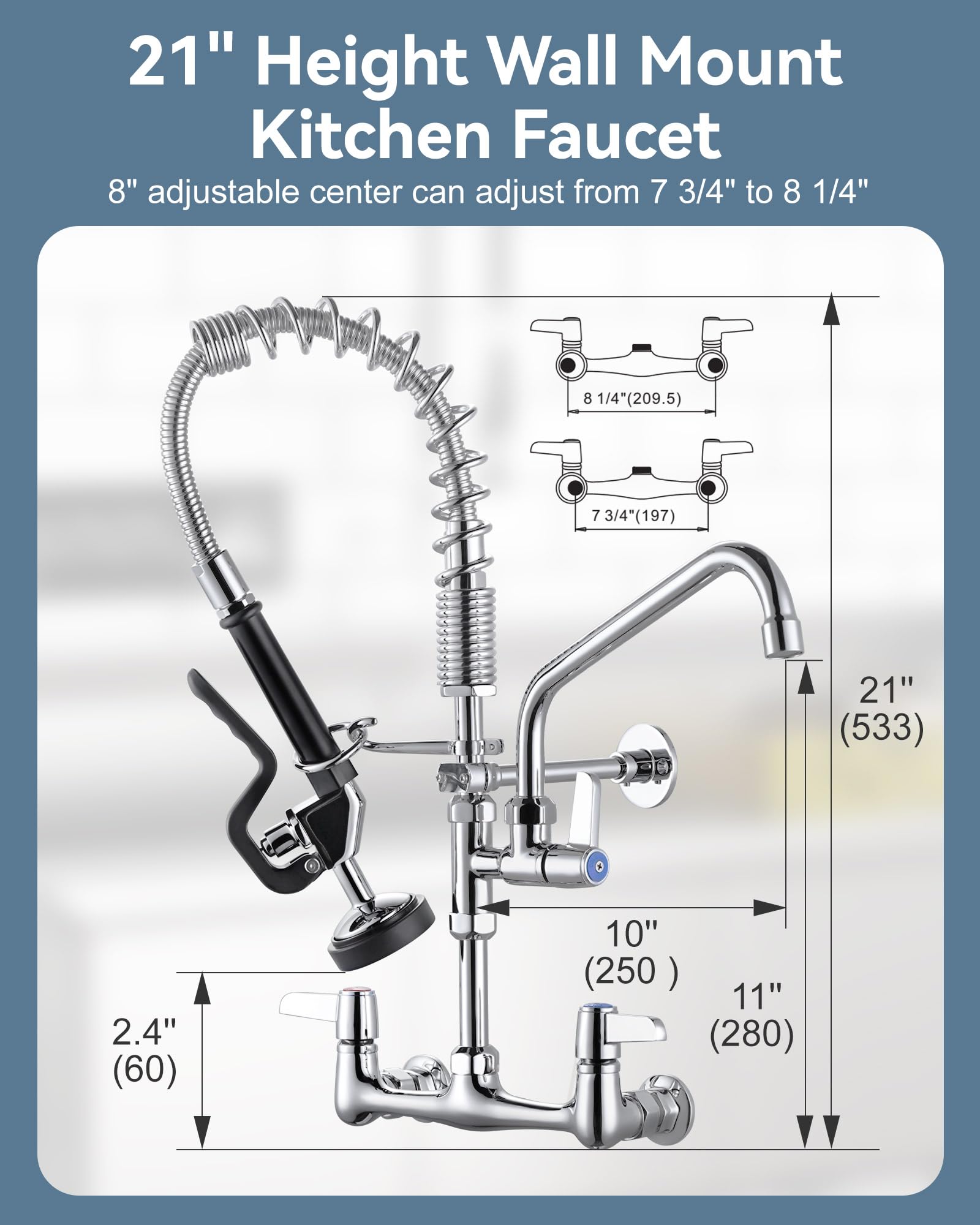 Arcora Commercial Kitchen Faucet Wall Mount: With Pre-Rinse Sprayer - Industrial Restaurant 21" Height 8'' Center Compartment Sink Faucet With 10" Add-On Swing Faucet Chrome