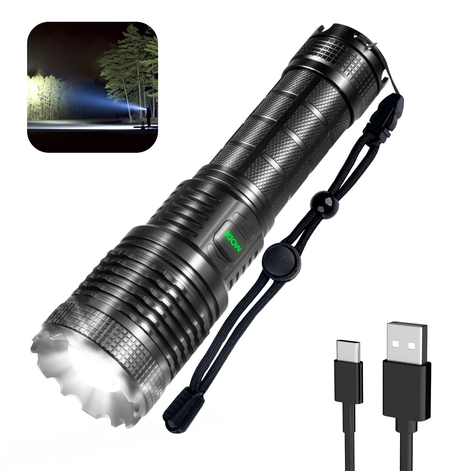 Pluralla Xhp70 Rechargeable Led Flashlights, 15000 High Lumens Flashlight, Super Bright Zoomable Ipx4 Waterproof Flashlight With 5 Modes, Powerful Handheld Flashlight For Emergencies, Camping, Hiking