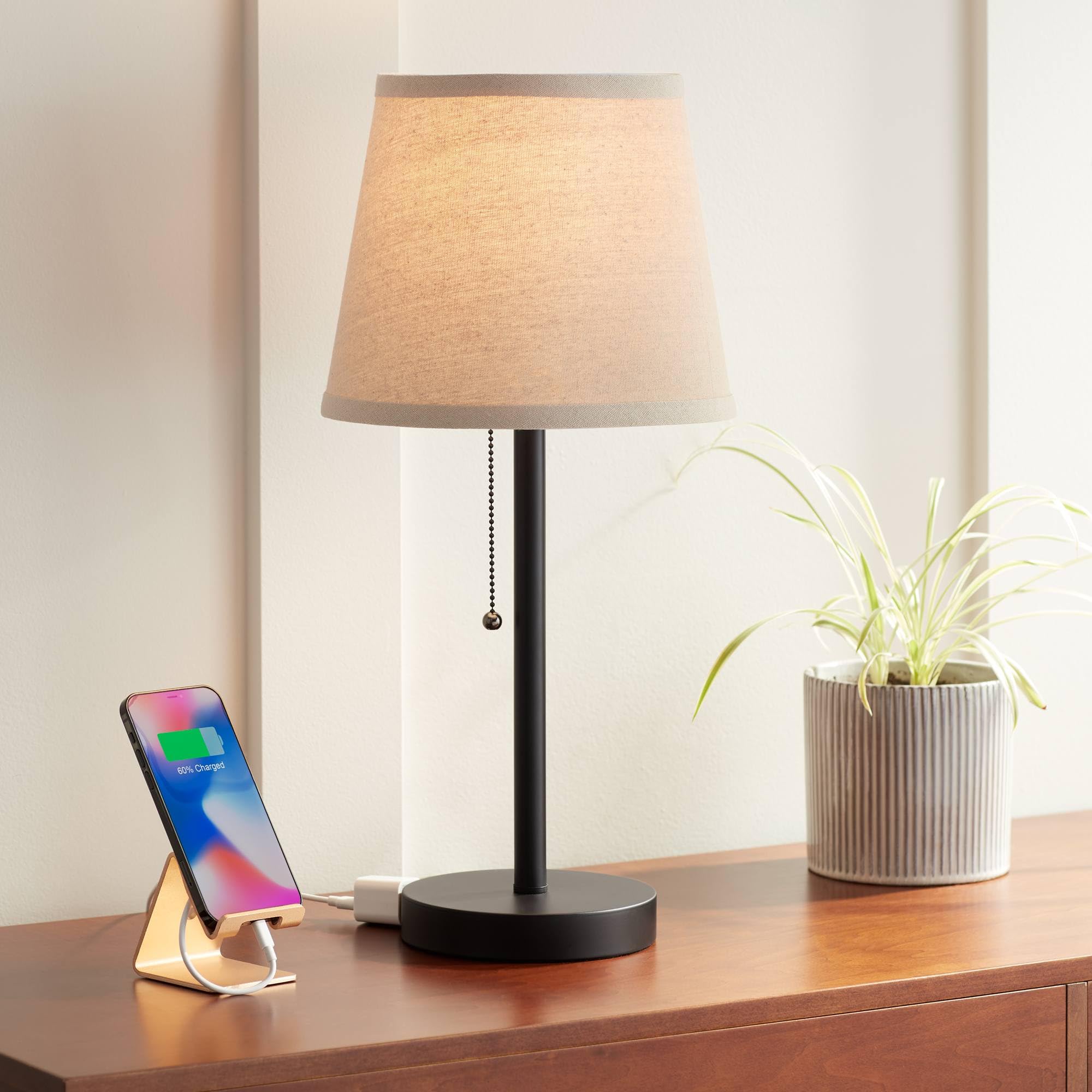 360 Lighting Flesner Modern Desk Table Lamp With Hotel Style Usb And Ac Power Outlet In Base 20" High Bronze Metal Oatmeal Drum Shade For Living Room Bedroom House Bedside Nightstand Home