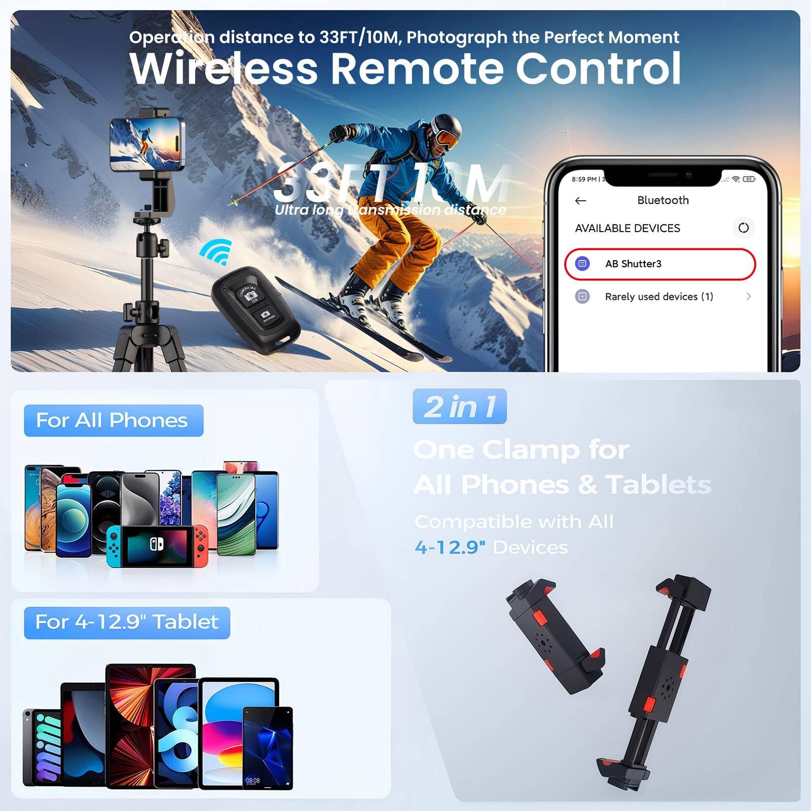 Zikzok 70" Phone Tripod & Selfie Stick, Horizontal Overhead Tripod, Extendable Camera Cell Phone Tripod Stand With Wireless Remote And Phone Holder For Filming Video Recording Live Stream