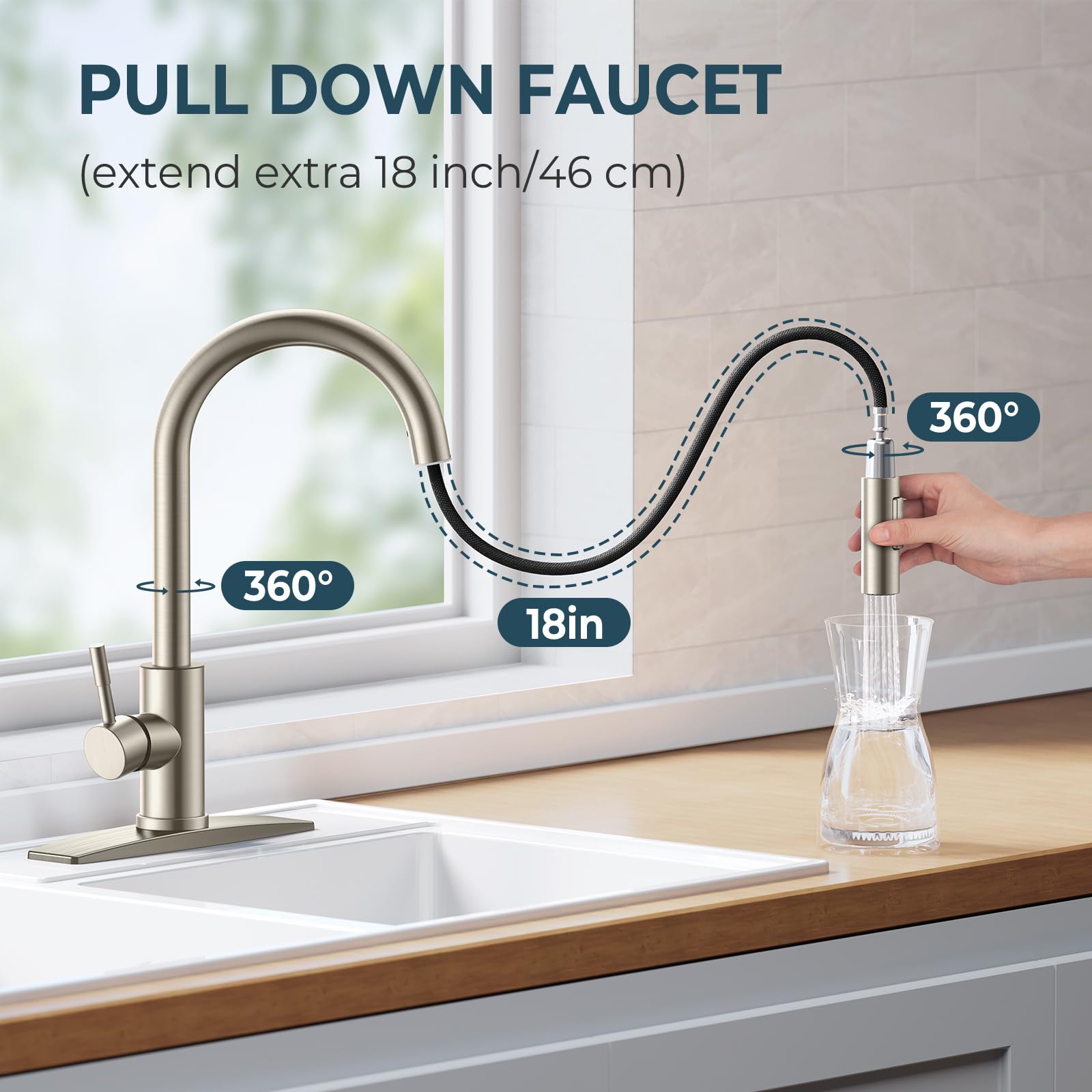 Forious Kitchen Faucet With Pull Down Sprayer, High Arc Modern Classic Sink Faucet Stainless Steel With Deck Plate Fit For 1 Or 3 Hole For Bar Farmhouse Laundry Rv, Nickel Brushed
