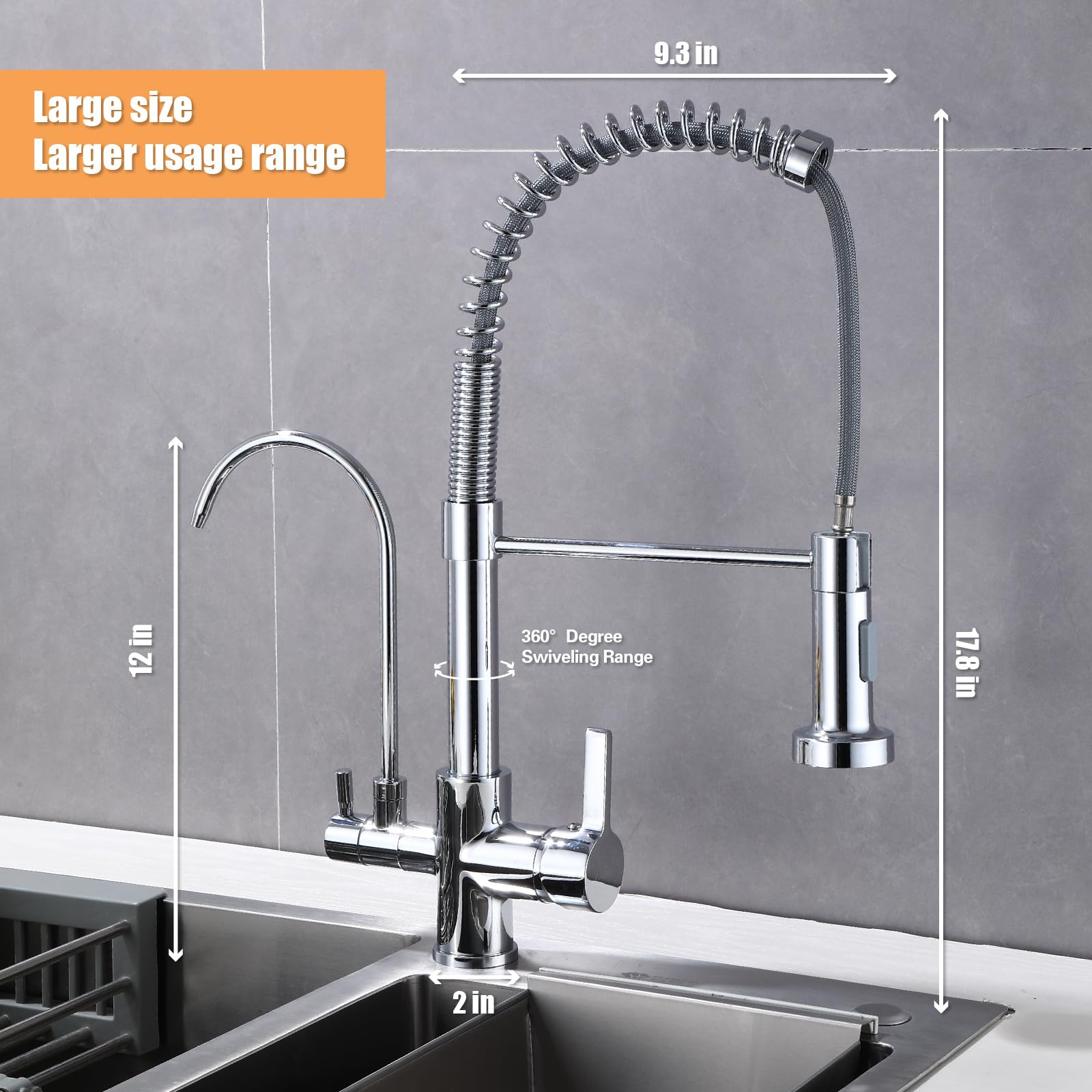 Piiripple Kitchen Sink Faucet With Sprayer 2 Handle 3 In 1 Water Filter Purifier Spring Drinking Water Faucets, Brass Drinking Water Faucet Reverse Osmosis Faucet,Chrome, Js00001C