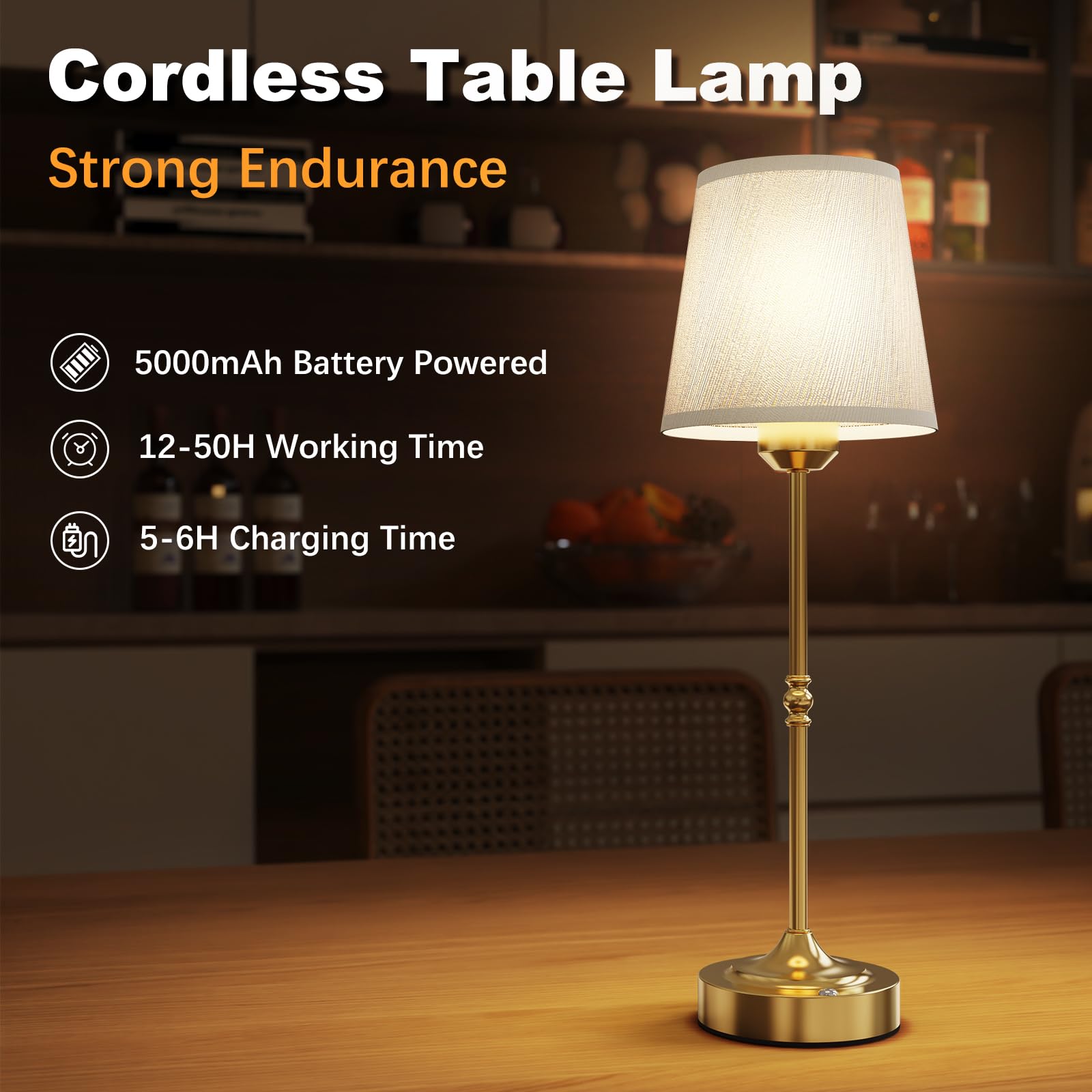Yoowarm Cordless Led Table Lamp With Dimmer, Cordless Table Lamp Rechargeable Gold,3 Level Brightness Stepless Dimming Touch Control Wireless Lamp For Bedroom Living Room Home Office Dorm, Bedside